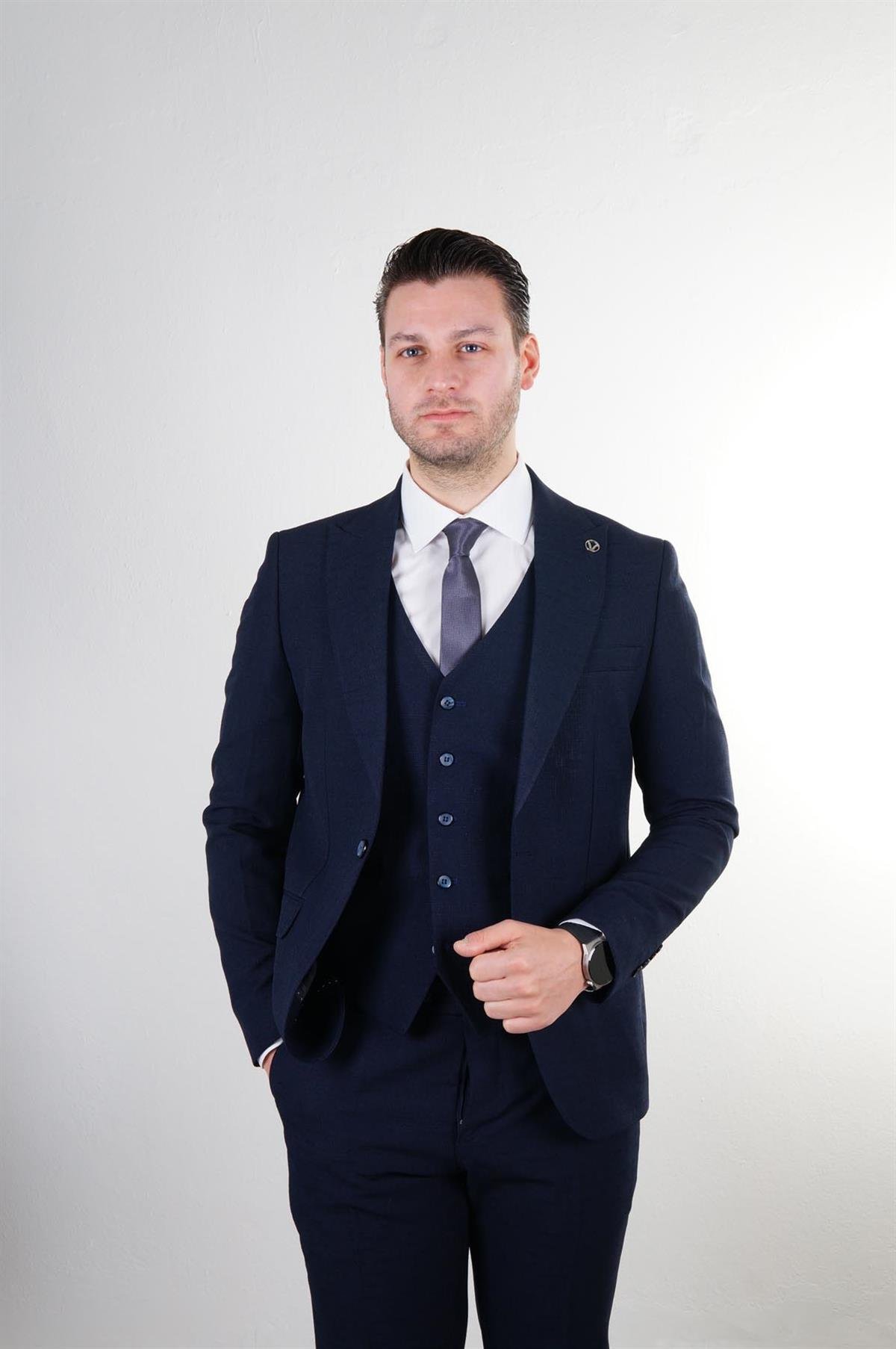 Maserto Slim Fit Lacivert Takım Elbise Kendinden Desenli