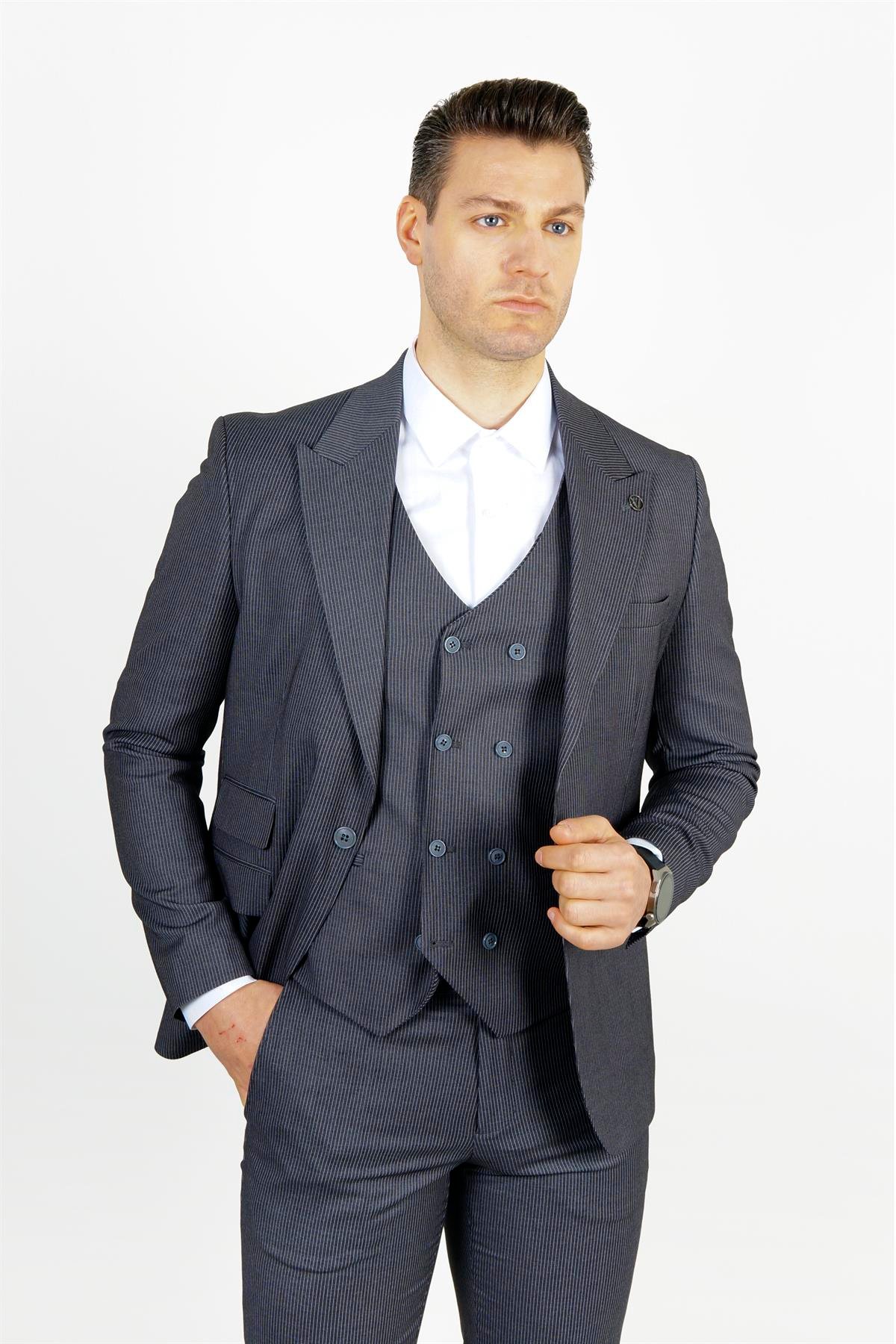 Maserto Slim Fit Lacivert Takım Elbise Çizgi Desenli