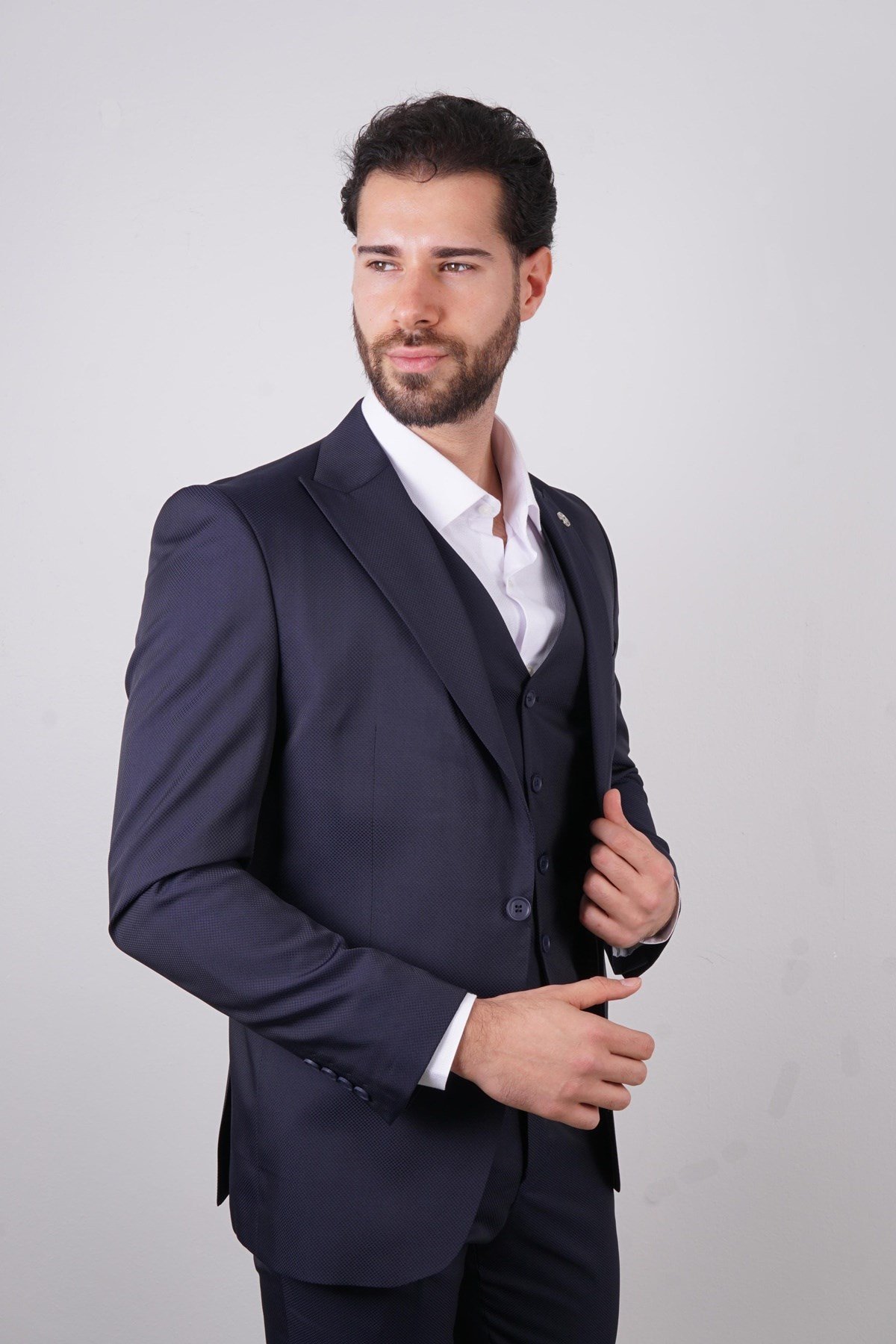 Maserto Slim Fit Lacivert Takım Elbise Kendinden Desenli