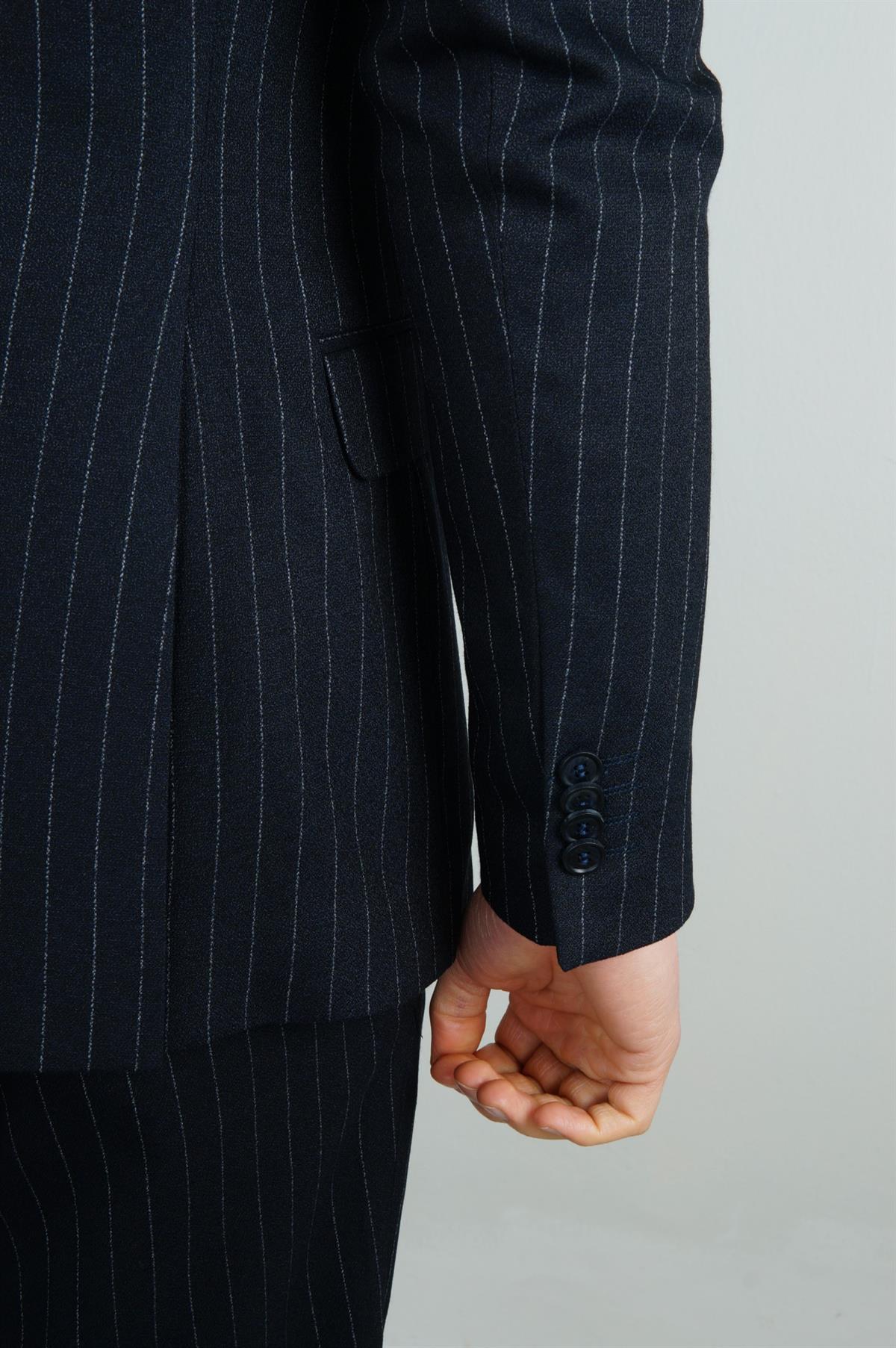 Maserto Slim Fit Lacivert Takım Elbise Çizgili Desenli