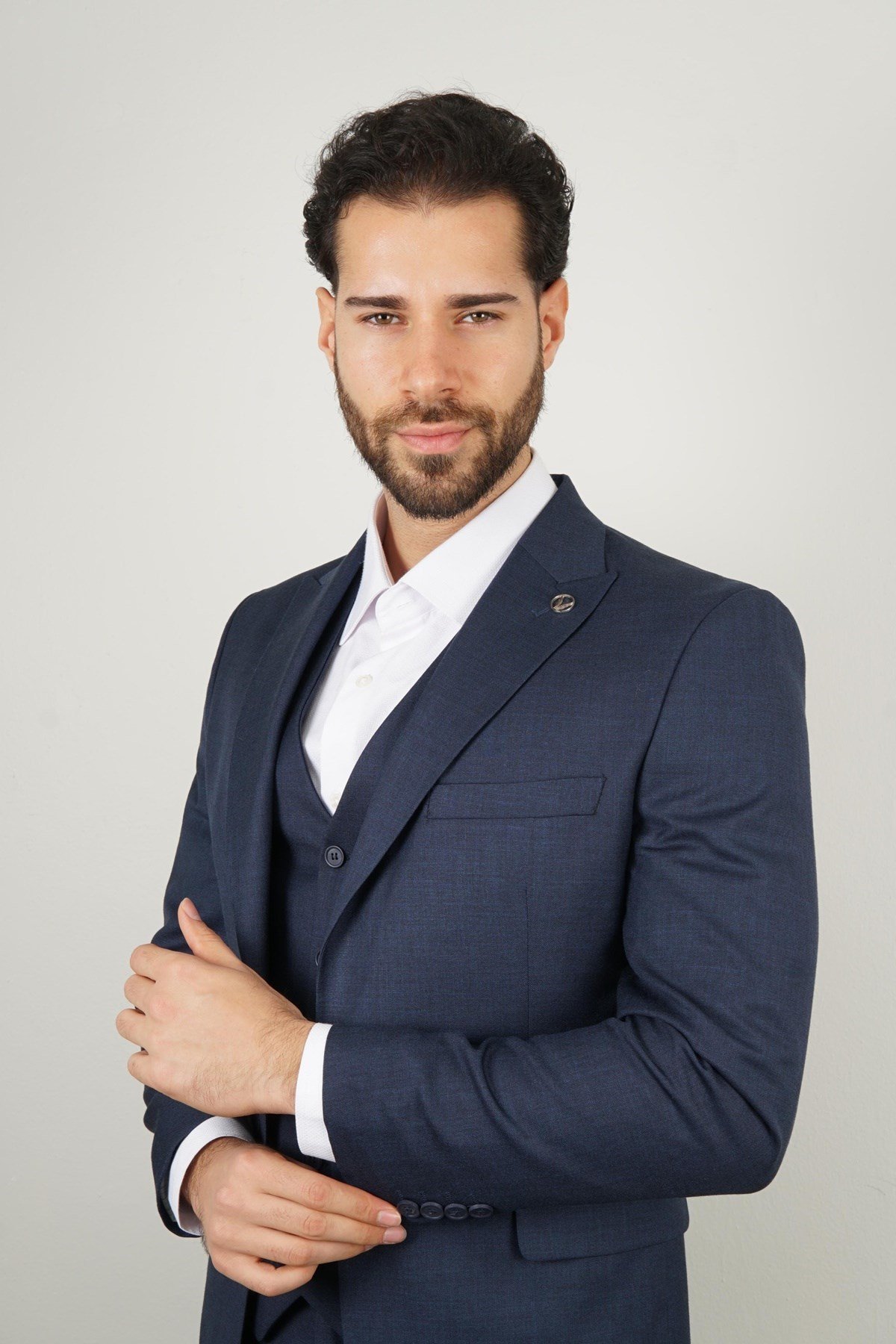 Maserto Slim Fit Lacivert Takım Elbise Kendinden Desenli