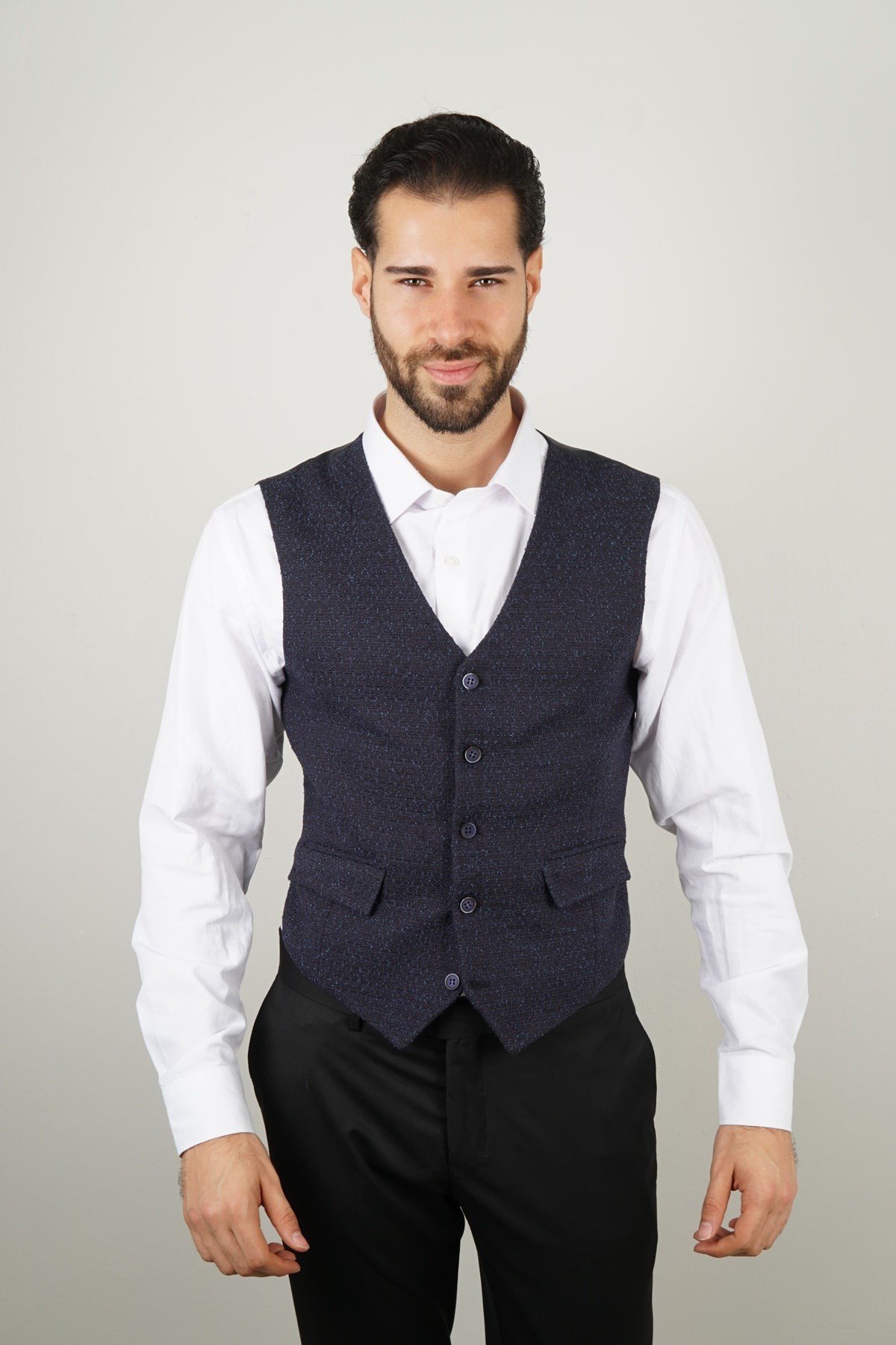 Maserto Slim Fit Navy Blue Vest Dot Patterned