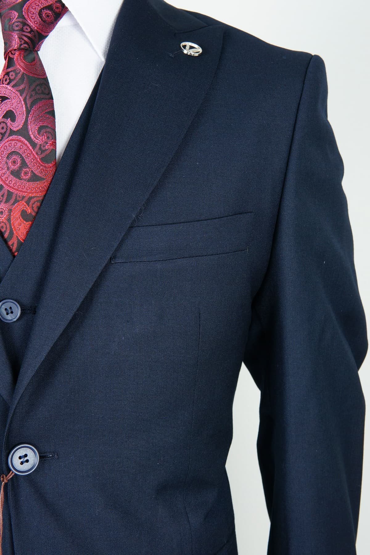 Maserto Slim Fit Lacivert Yelekli Takım Elbise Düz Desenli