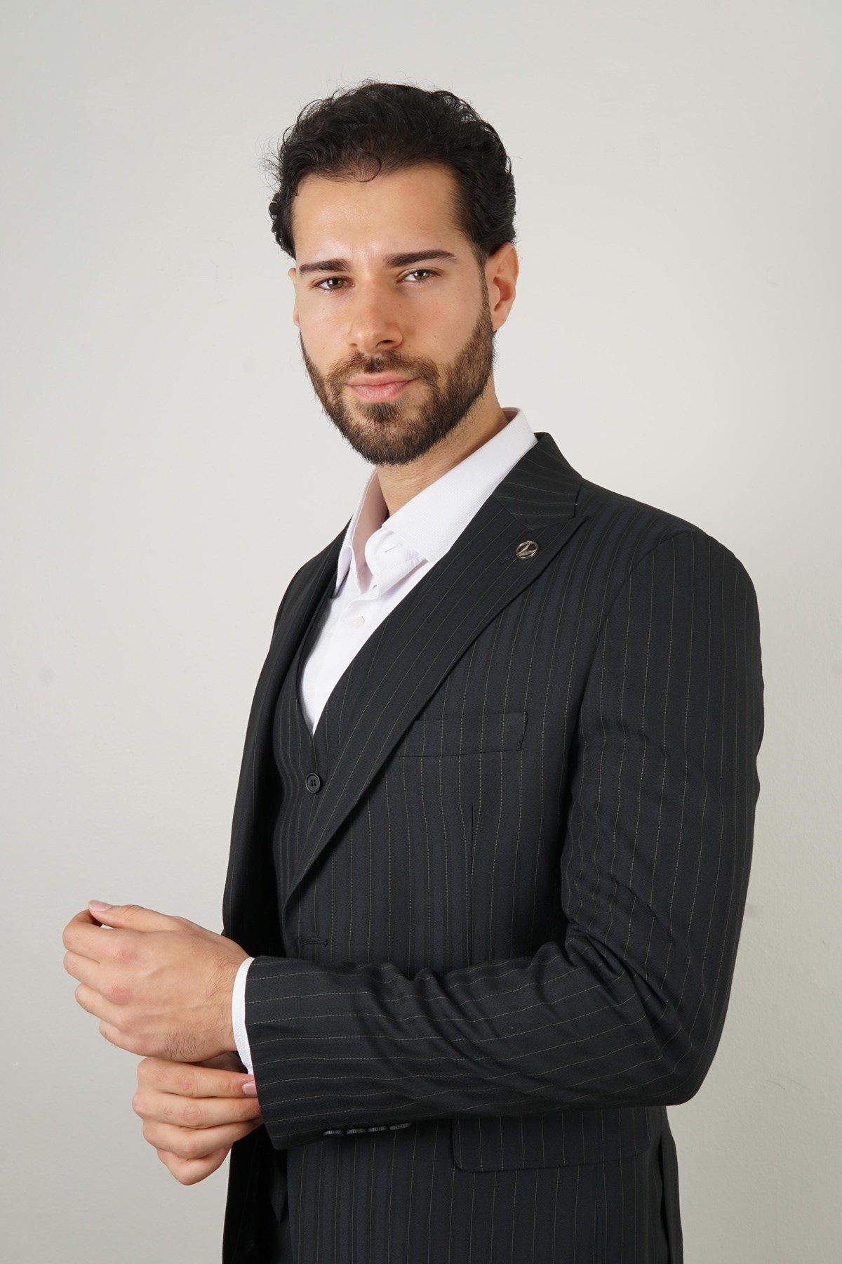 Maserto Slim Fit Lacivert Yelekli Takım Elbise Çizgili Desenli