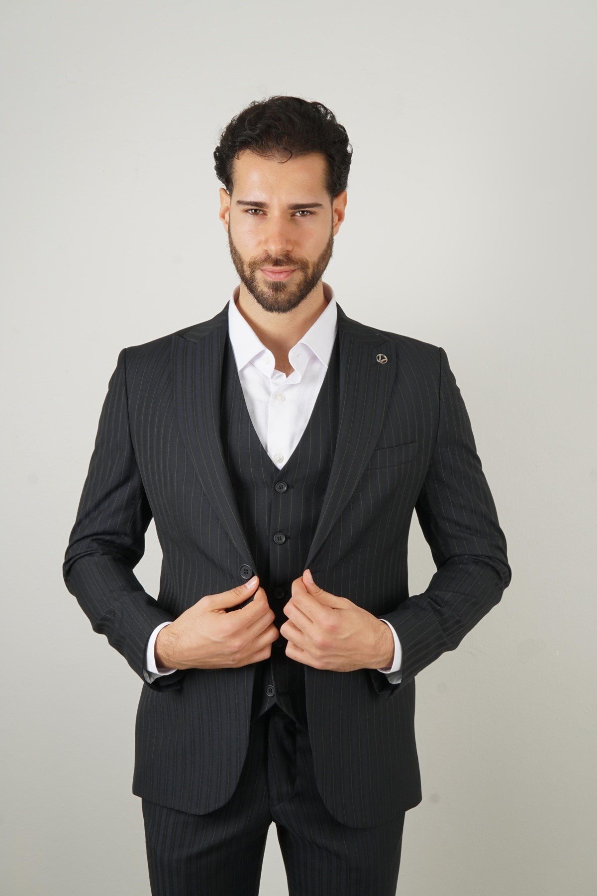 Maserto Slim Fit Lacivert Yelekli Takım Elbise Çizgili Desenli