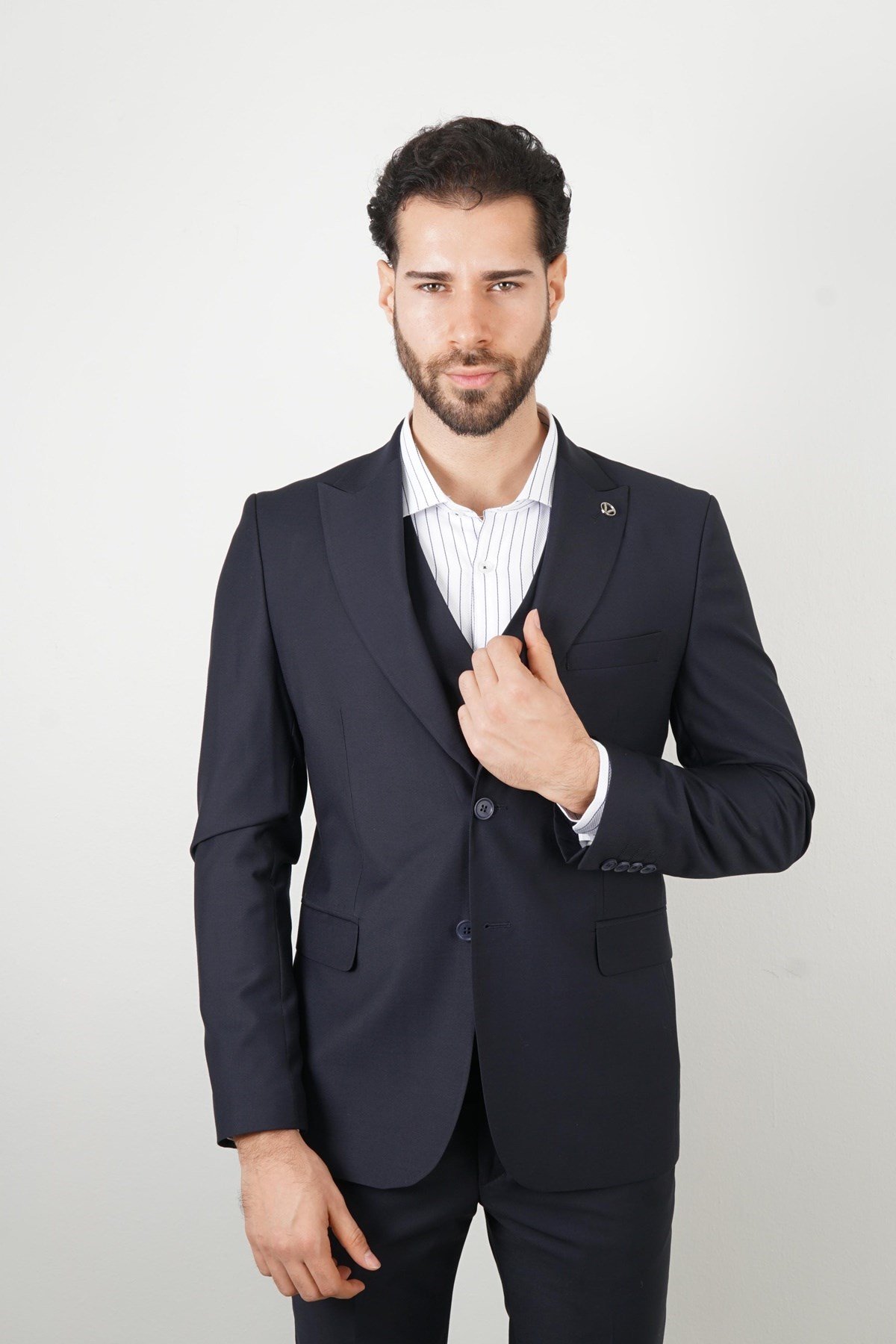 Maserto Slim Fit Lacivert Yelekli Takım Elbise Düz Desenli