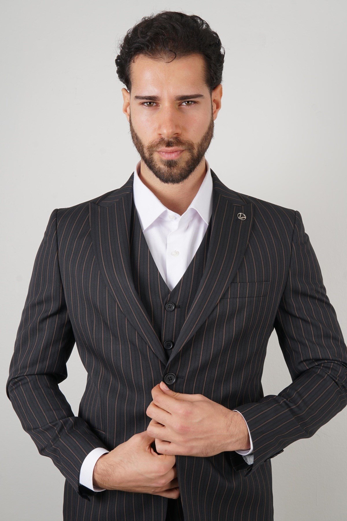 Maserto Slim Fit Lacivert Yelekli Takım Elbise Çizgili Desenli