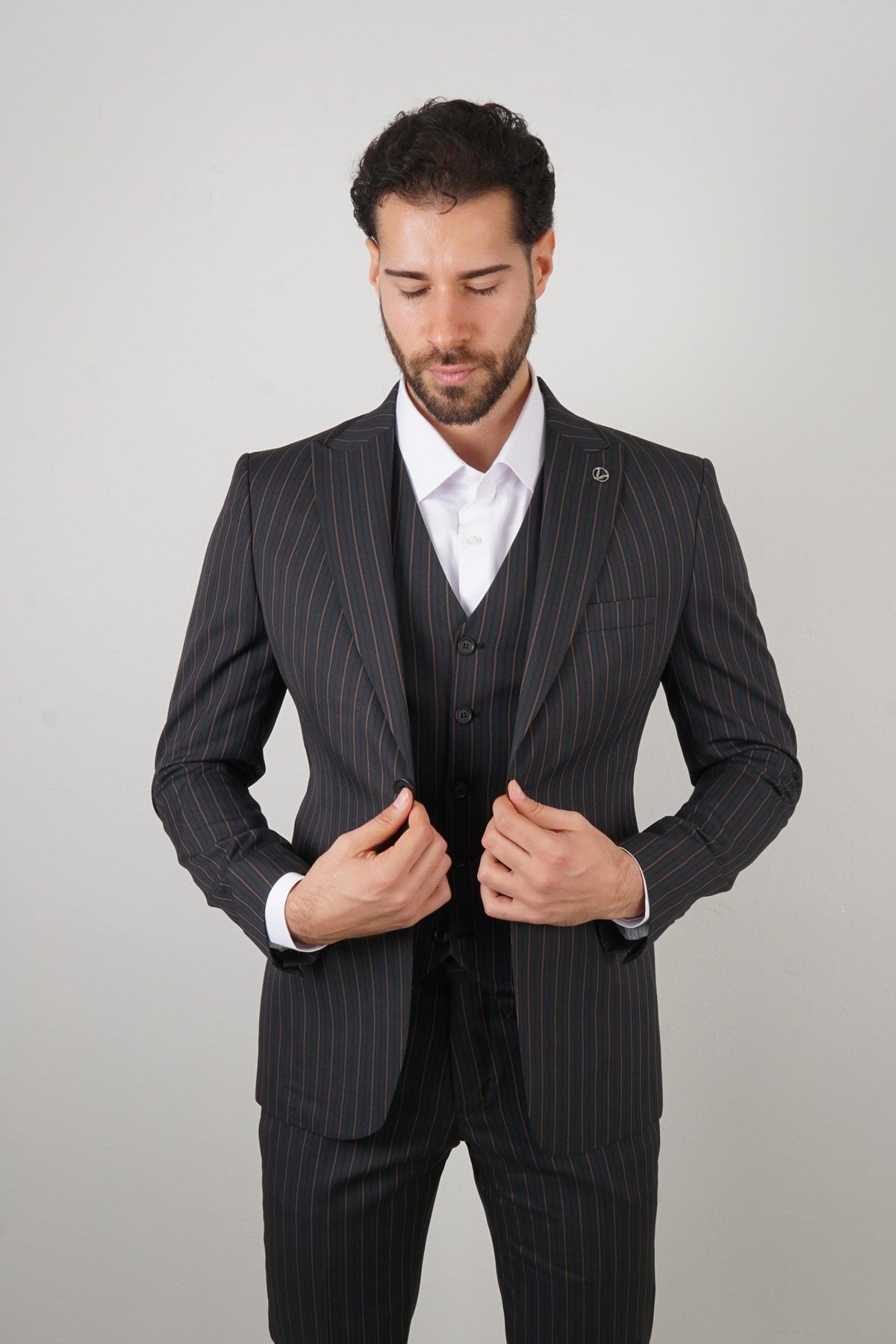 Maserto Slim Fit Lacivert Yelekli Takım Elbise Çizgili Desenli