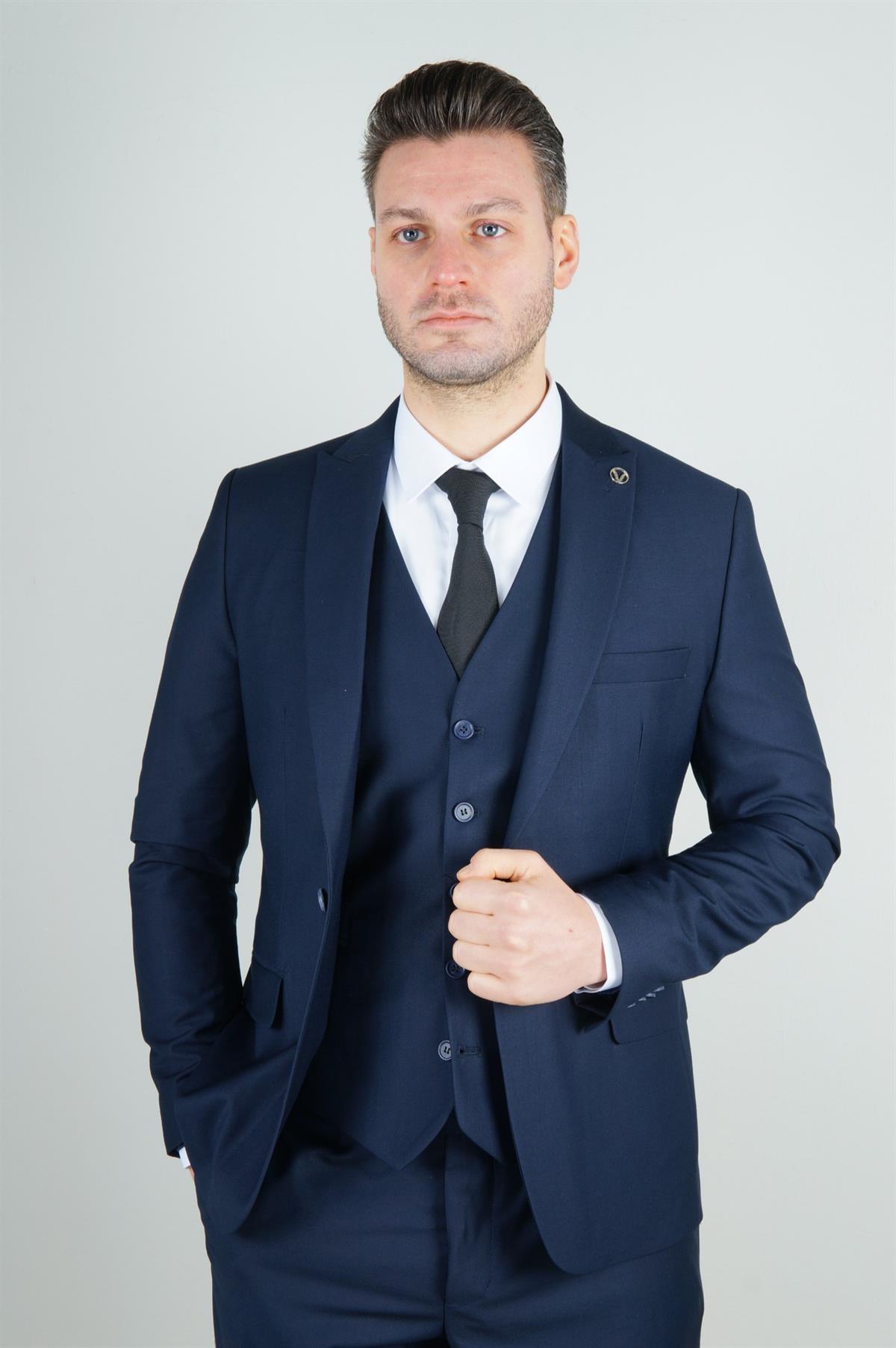 Maserto Slim Fit Lacivert Yelekli Takım Elbise Düz Desenli