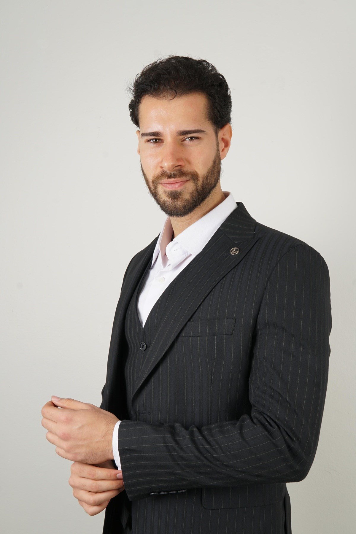 Maserto Slim Fit Lacivert Yelekli Takım Elbise Çizgili Desenli