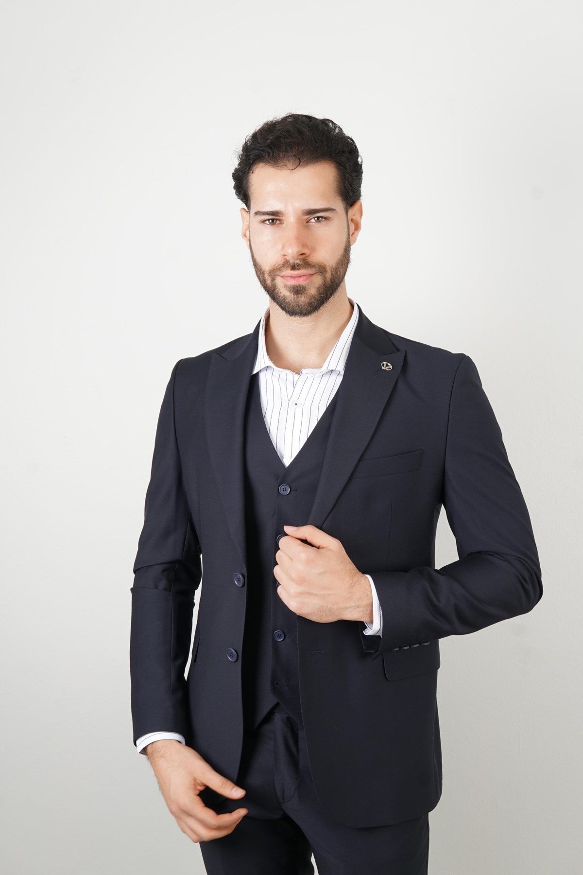 Maserto Slim Fit Lacivert Yelekli Takım Elbise Düz Desenli