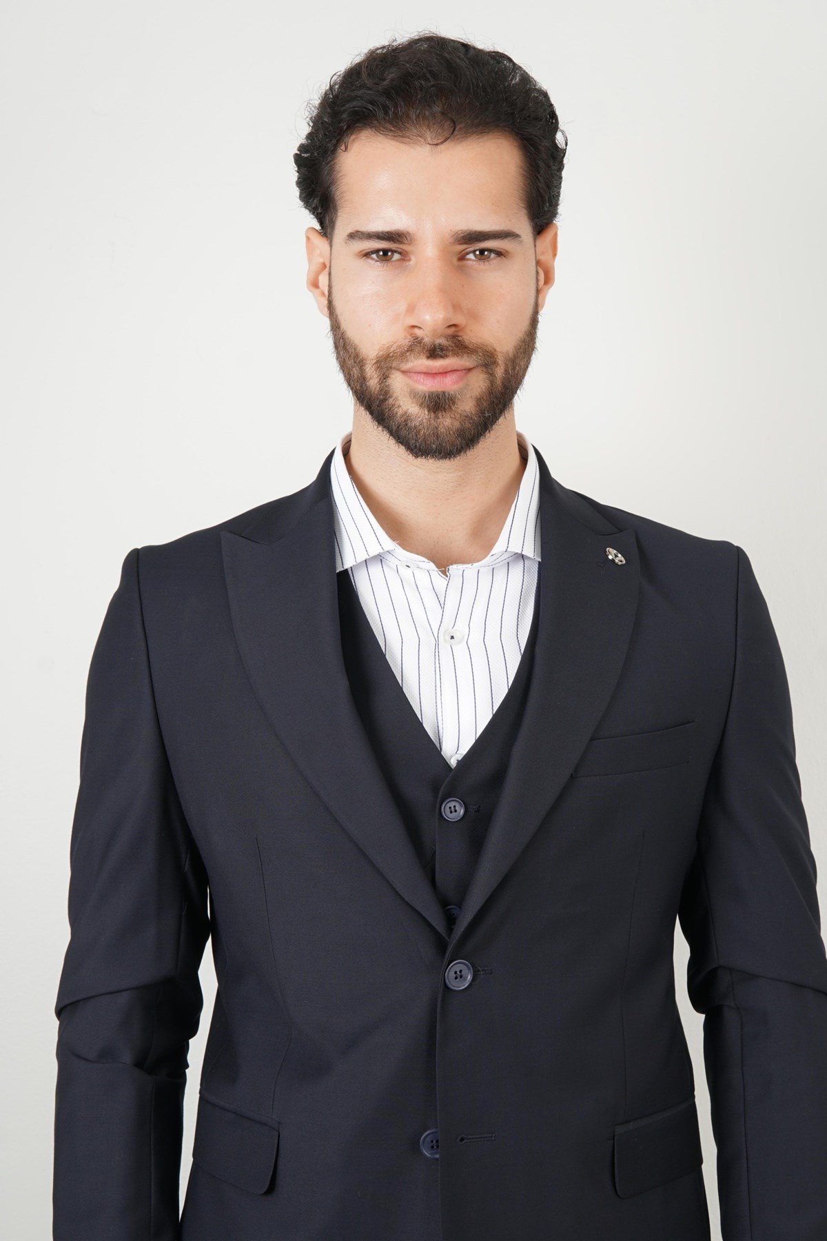 Maserto Slim Fit Lacivert Yelekli Takım Elbise Düz Desenli