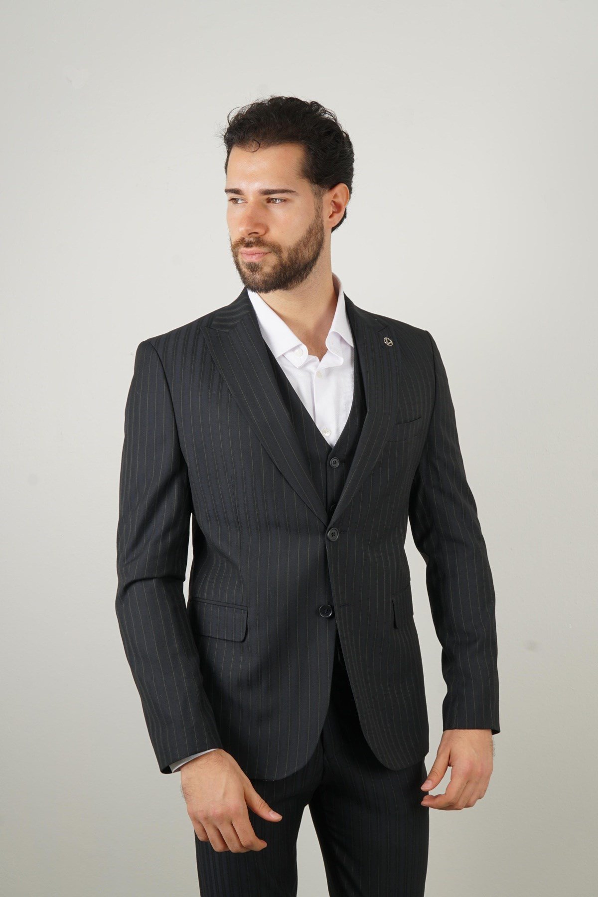 Maserto Slim Fit Lacivert Yelekli Takım Elbise Çizgili Desenli