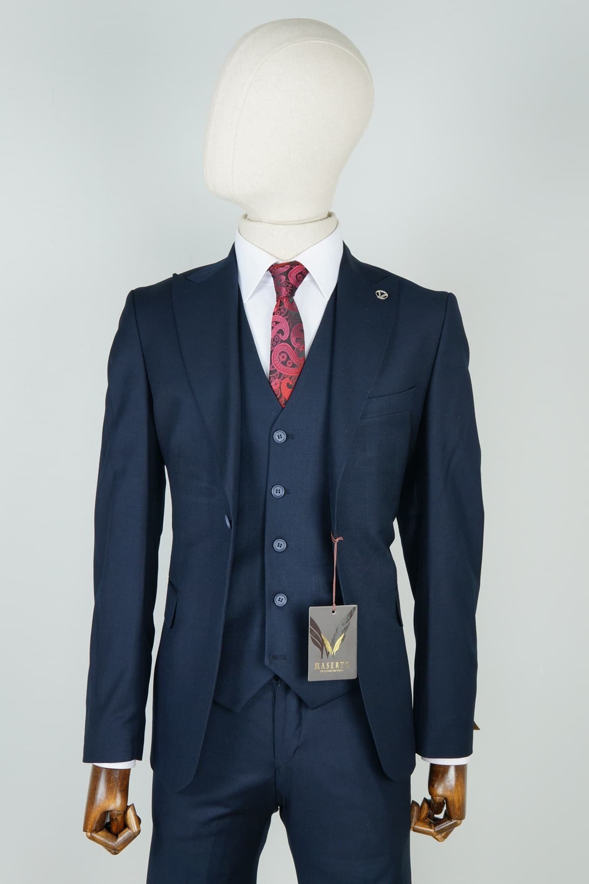 Maserto Slim Fit Lacivert Yelekli Takım Elbise Düz Desenli