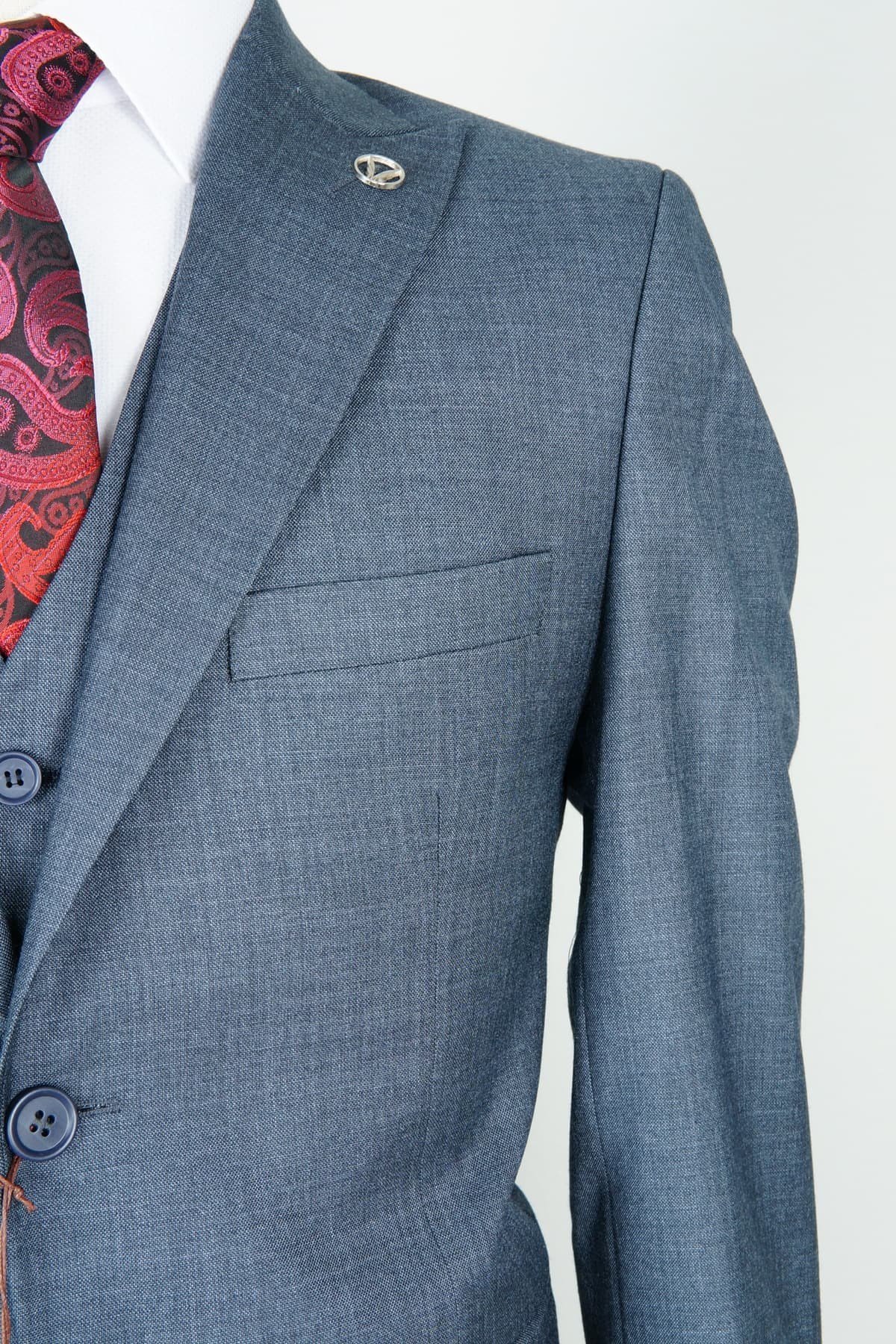 Maserto Slim Fit Lacivert Yelekli Takım Elbise Kendinden Desenli