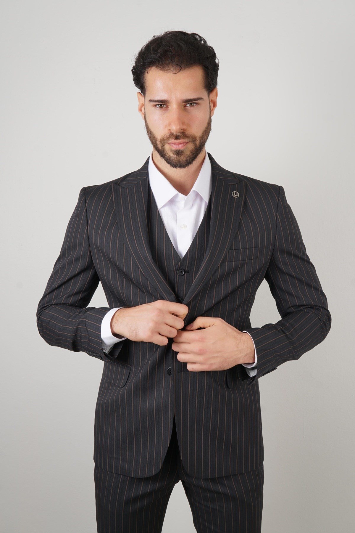 Maserto Slim Fit Lacivert Yelekli Takım Elbise Çizgili Desenli