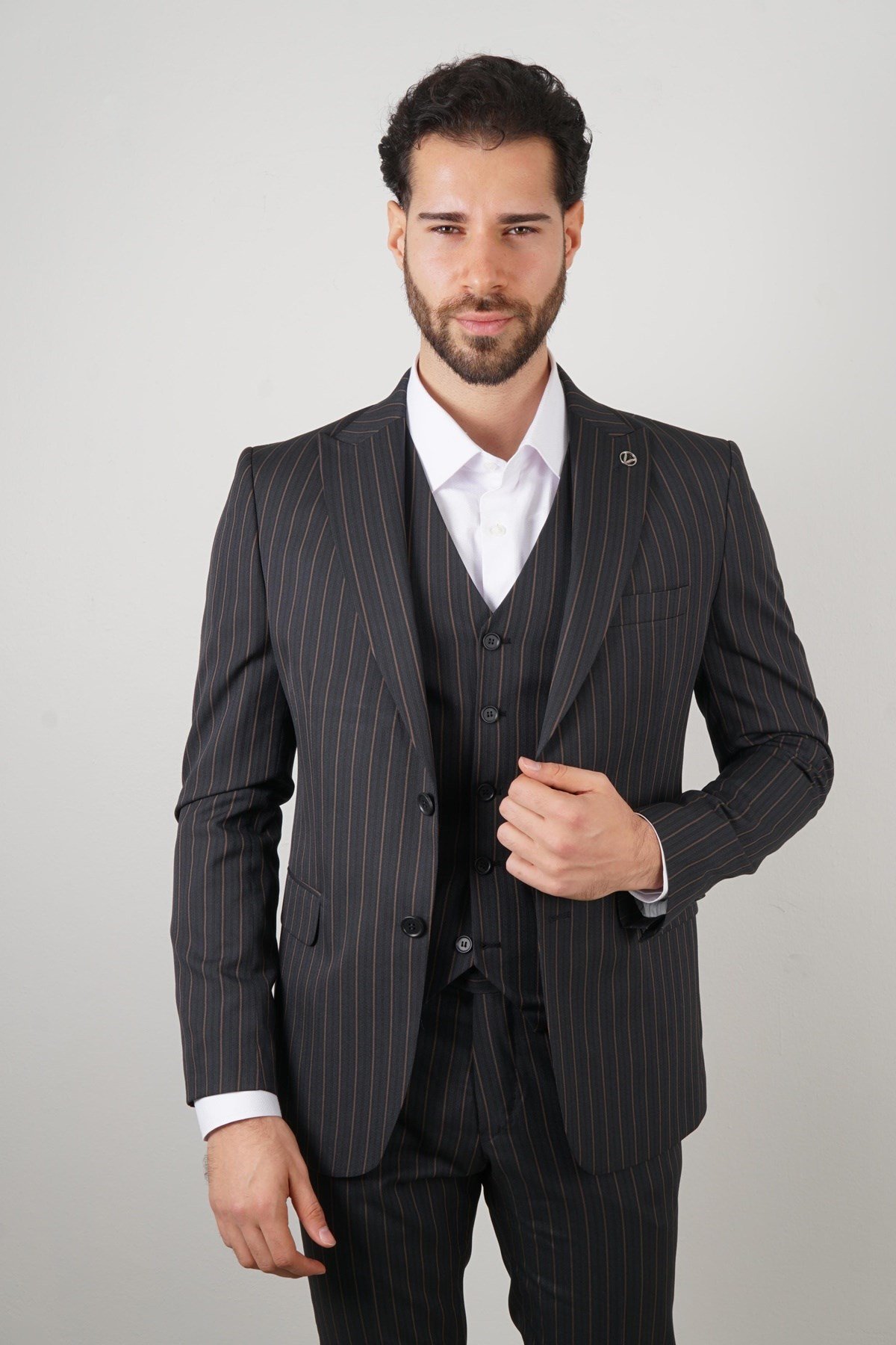 Maserto Slim Fit Lacivert Yelekli Takım Elbise Çizgili Desenli