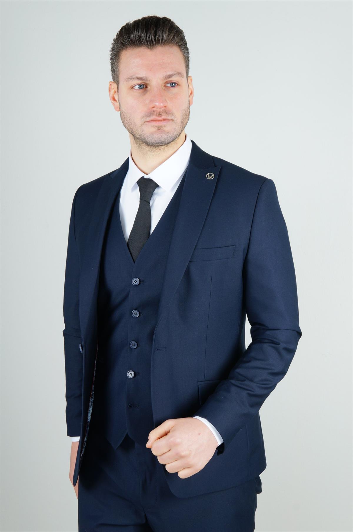 Maserto Slim Fit Lacivert Yelekli Takım Elbise Düz Desenli