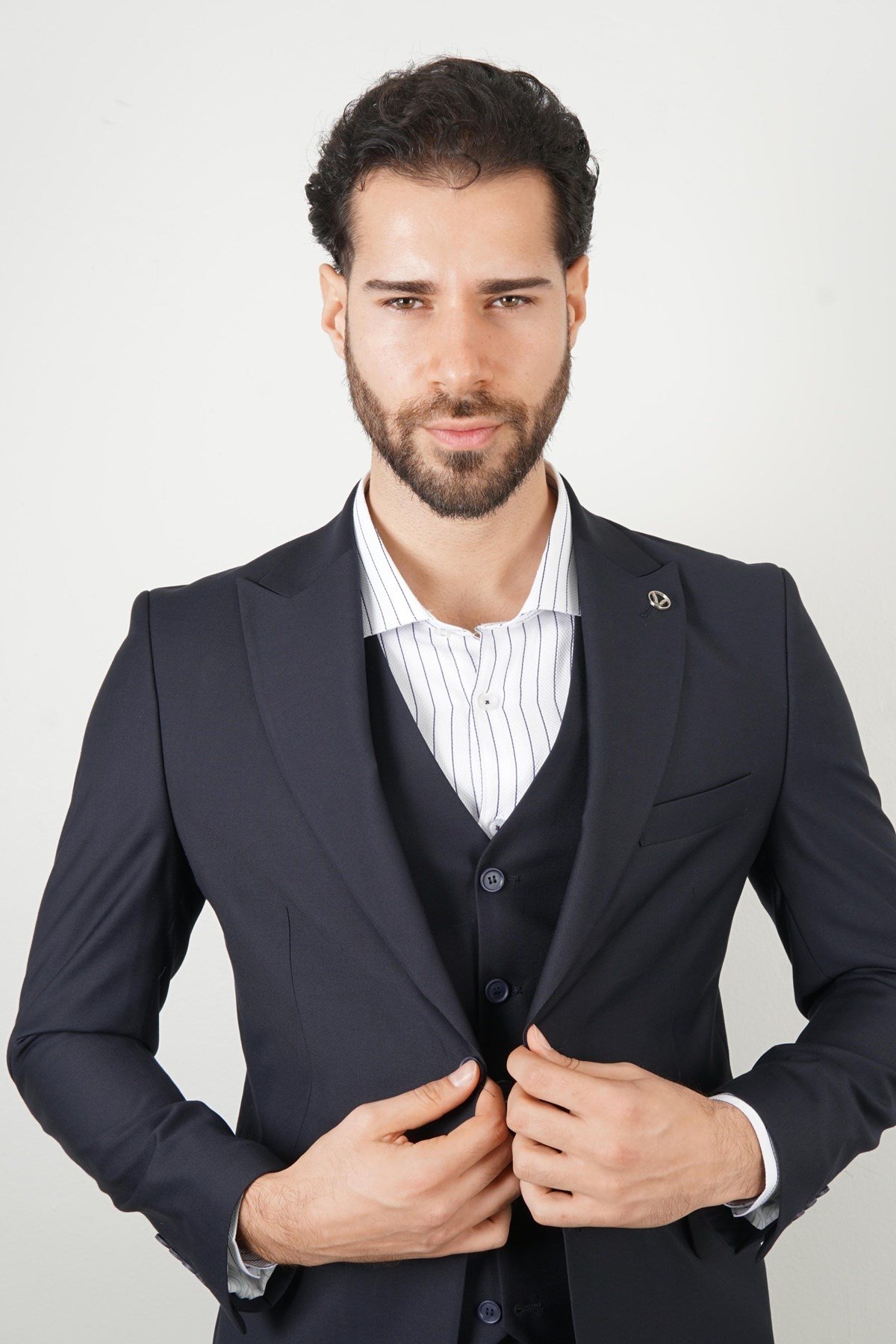 Maserto Slim Fit Lacivert Yelekli Takım Elbise Düz Desenli