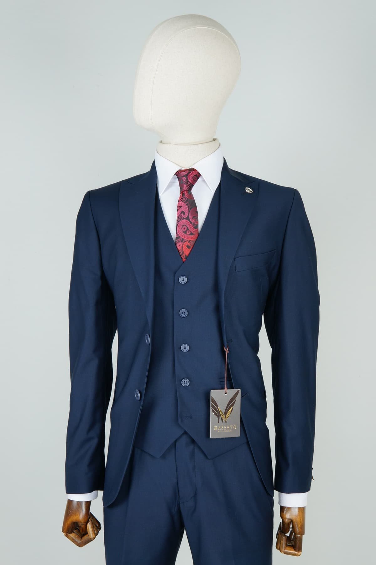 Maserto Slim Fit Lacivert Yelekli Takım Elbise Düz Desenli