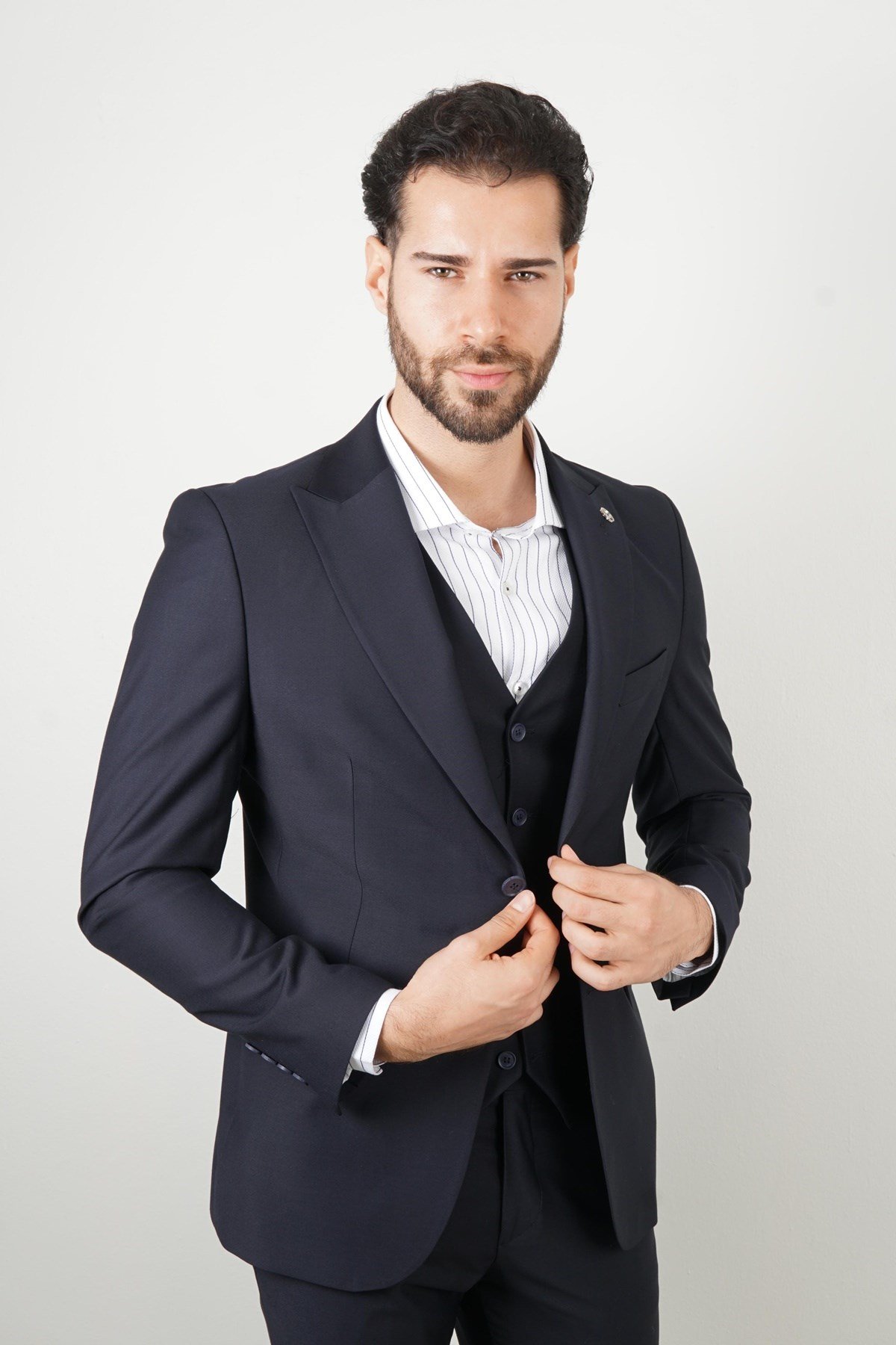 Maserto Slim Fit Lacivert Yelekli Takım Elbise Düz Desenli