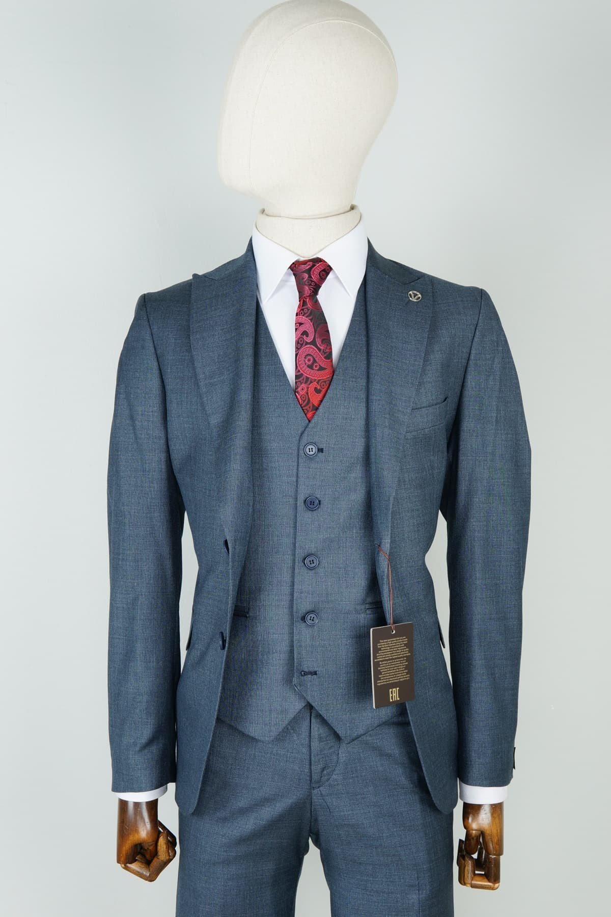 Maserto Slim Fit Lacivert Yelekli Takım Elbise Kendinden Desenli