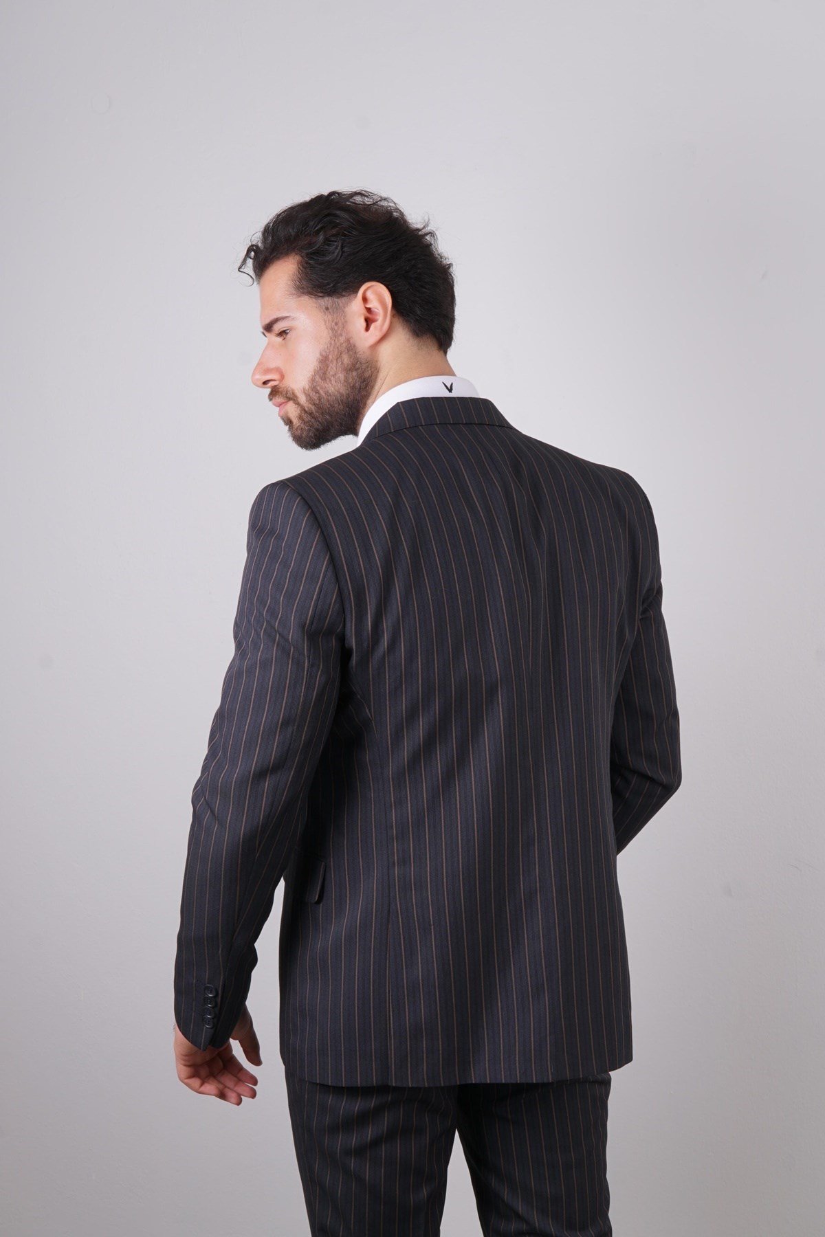 Maserto Slim Fit Lacivert Yelekli Takım Elbise Çizgili Desenli