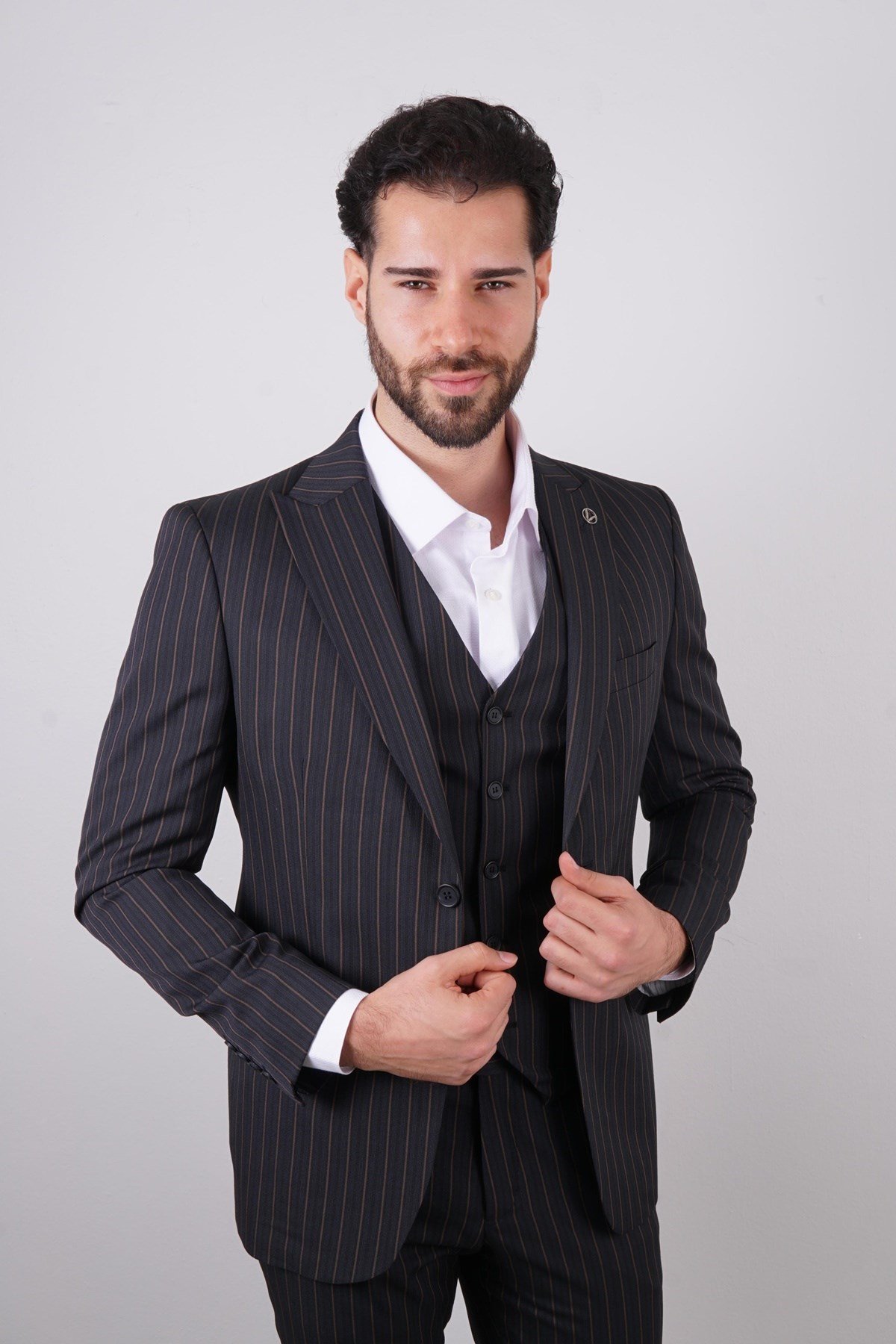 Maserto Slim Fit Lacivert Yelekli Takım Elbise Çizgili Desenli