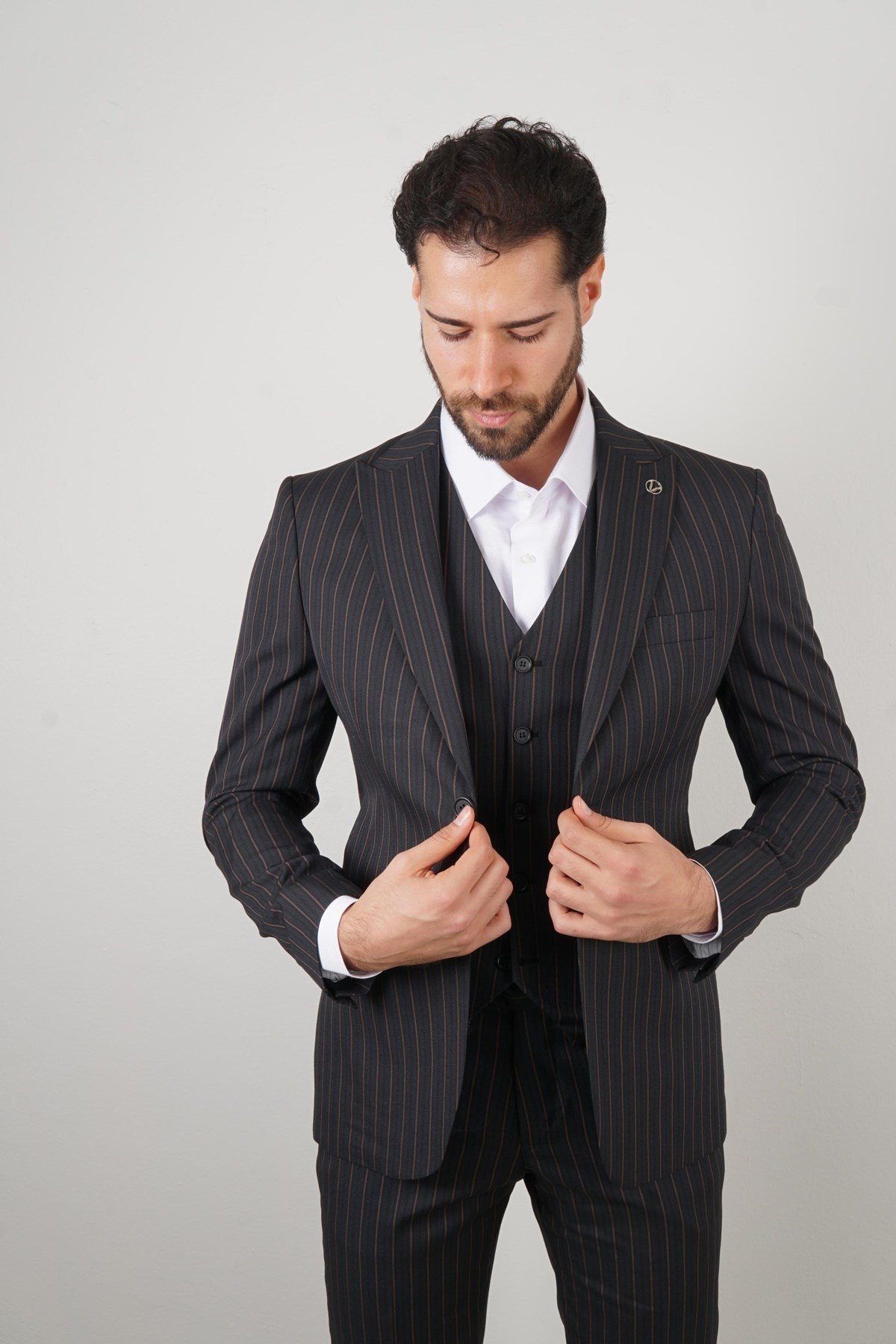 Maserto Slim Fit Lacivert Yelekli Takım Elbise Çizgili Desenli