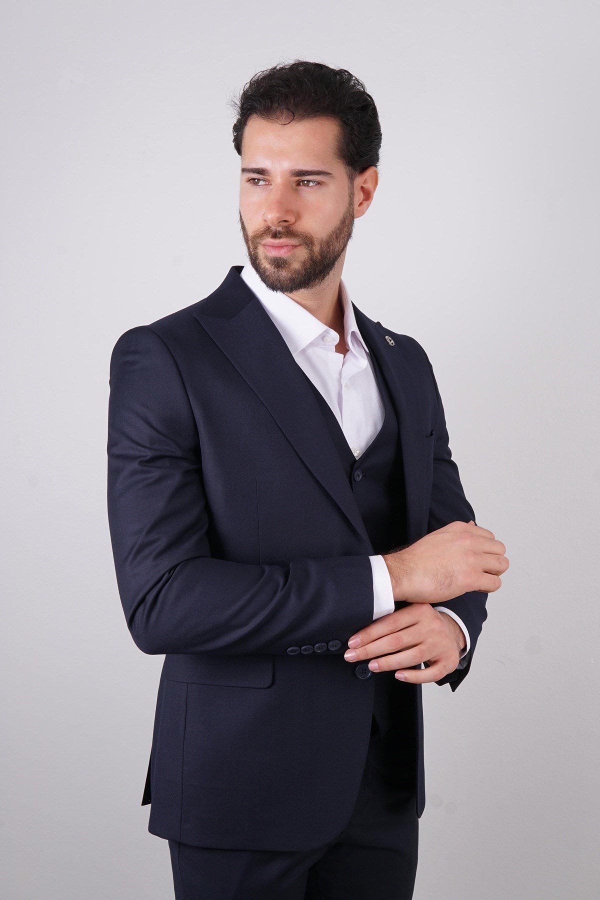 Maserto Slim Fit Lacivert Yelekli Takım Elbise Düz Desenli