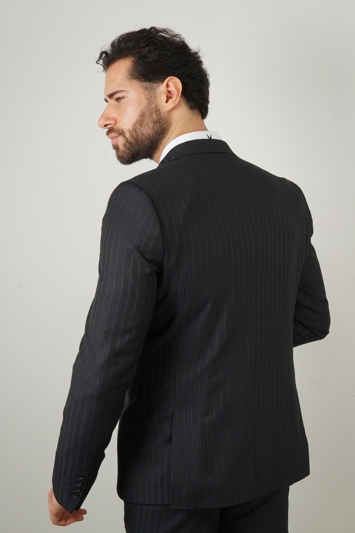 Maserto Slim Fit Lacivert Yelekli Takım Elbise Çizgili Desenli