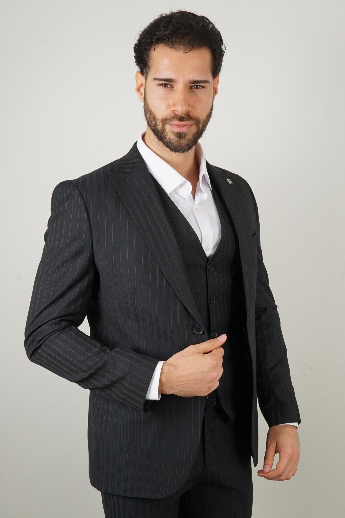 Maserto Slim Fit Lacivert Yelekli Takım Elbise Çizgili Desenli