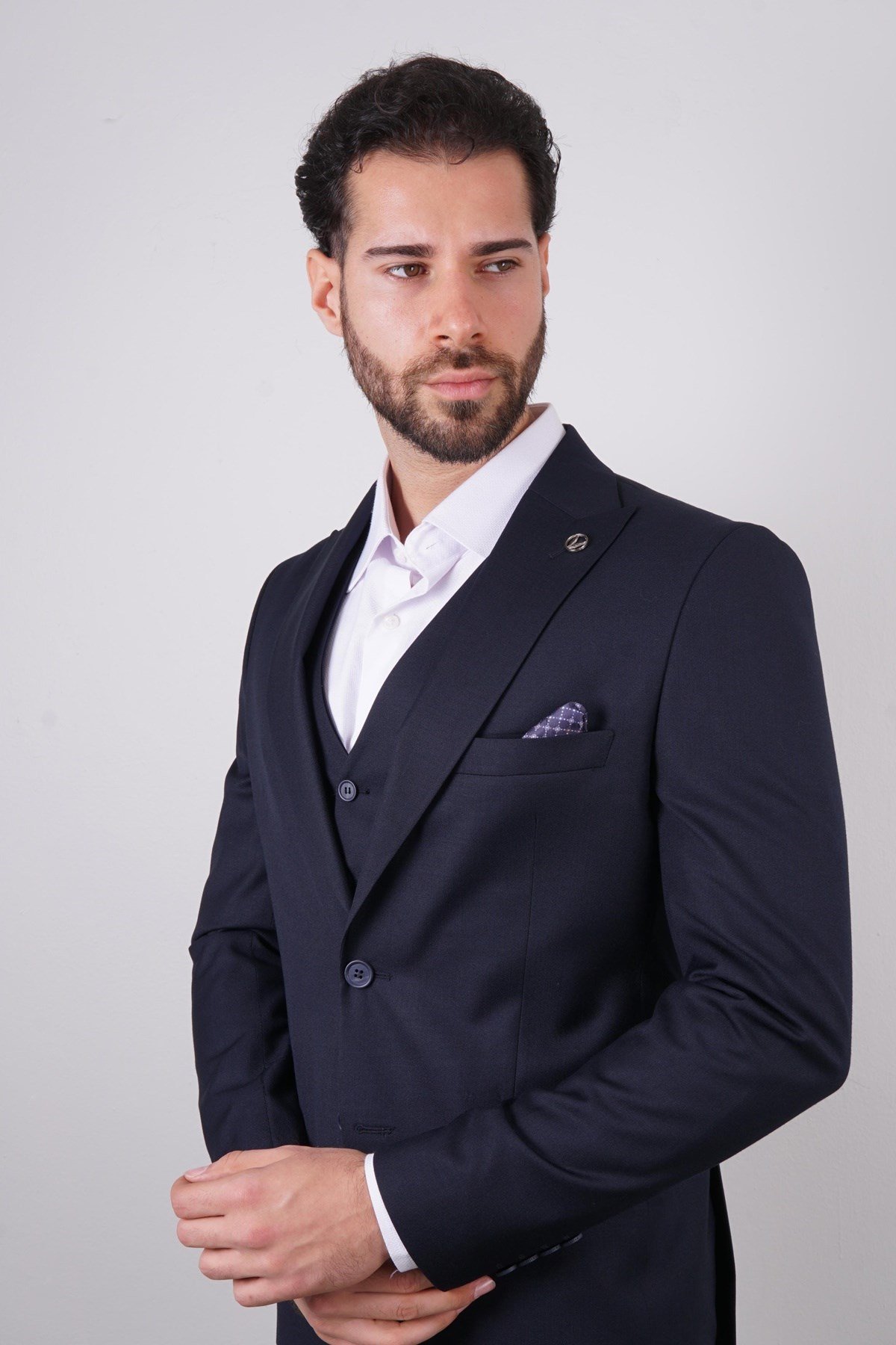 Maserto Slim Fit Lacivert Yelekli Takım Elbise Düz Desenli