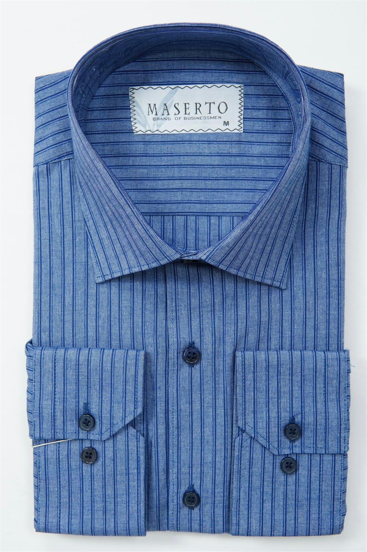 Maserto Slim Fit Mavi Gömlek Çizgili Desenli