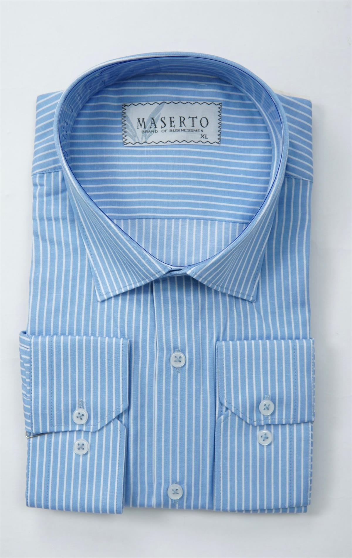 Maserto Slim Fit Mavi Gömlek Çizgili Desenli