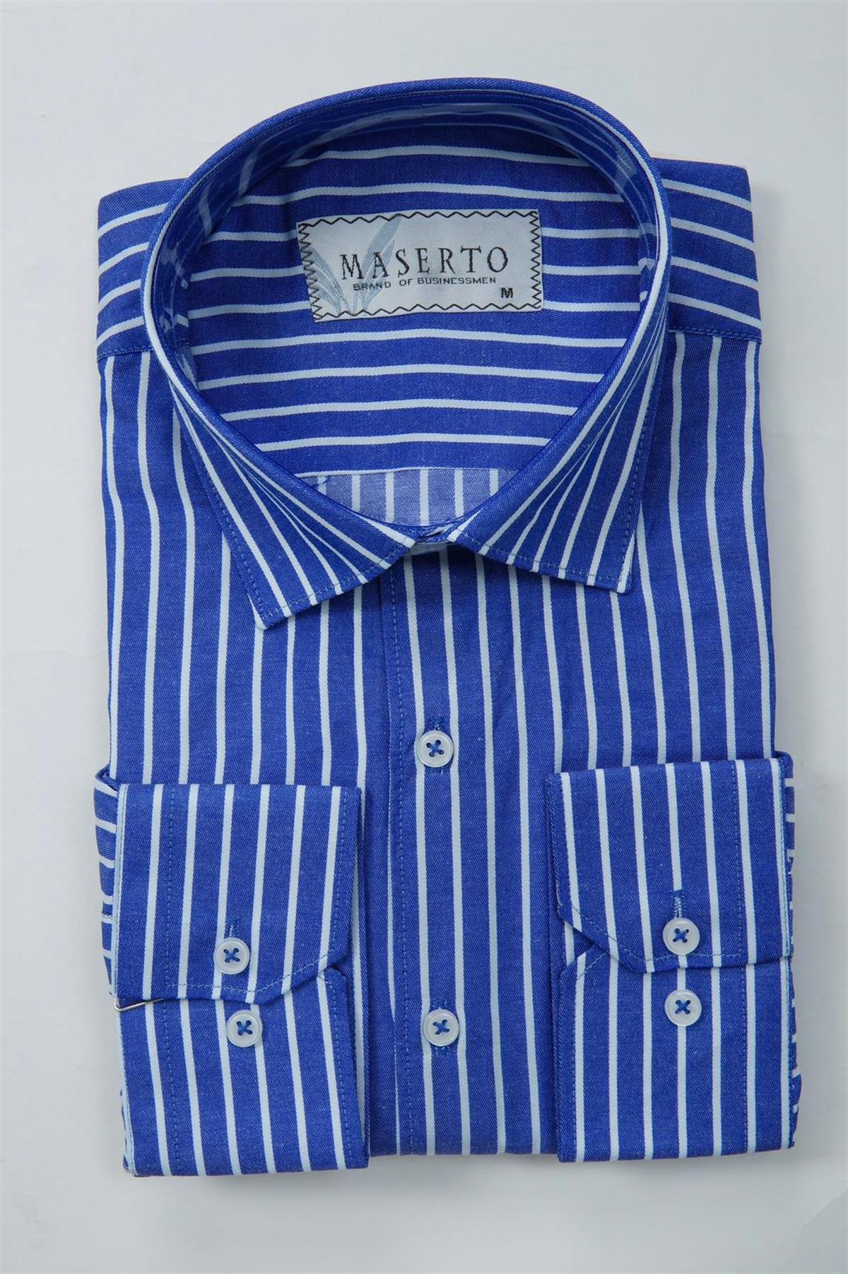 Maserto Slim Fit Mavi Gömlek Çizgili Desenli