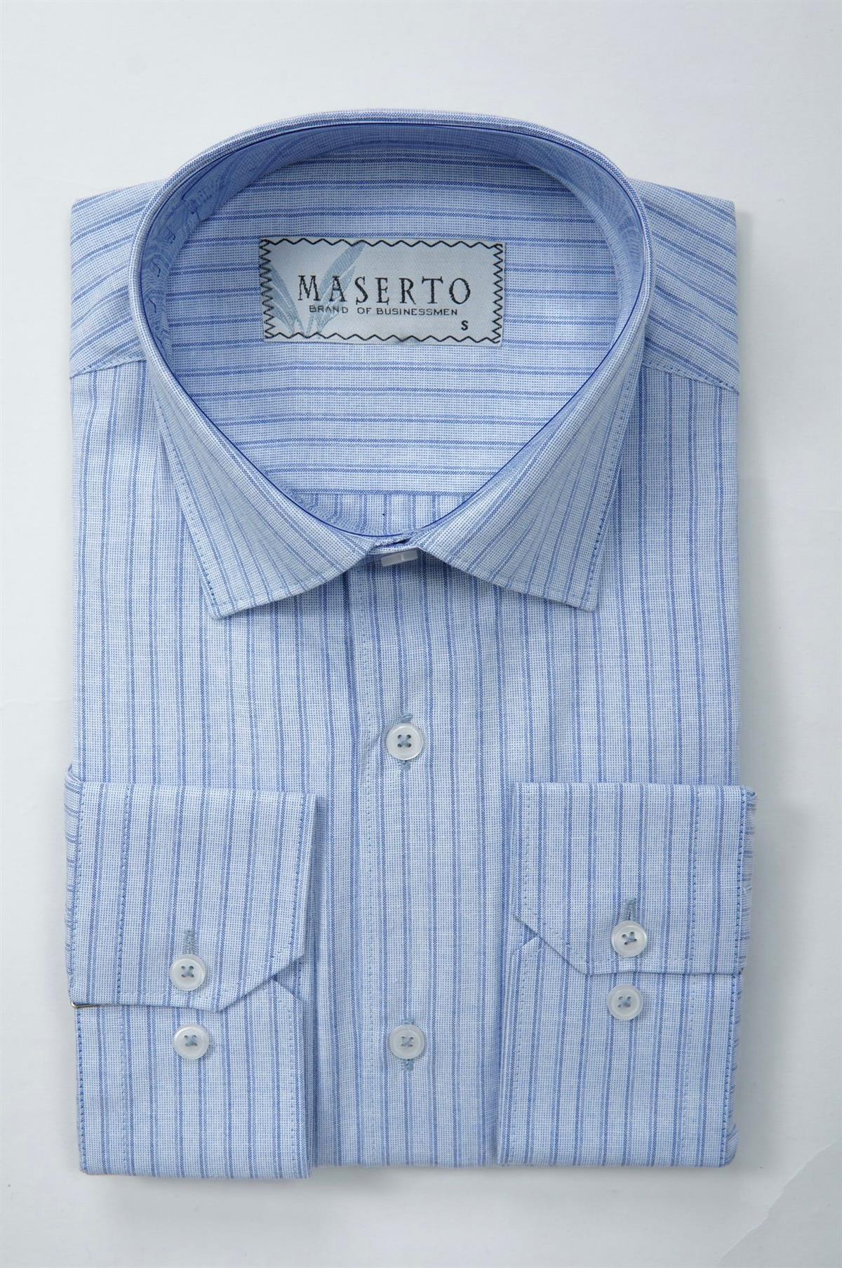 Maserto Slim Fit Mavi Gömlek Çizgili Desenli