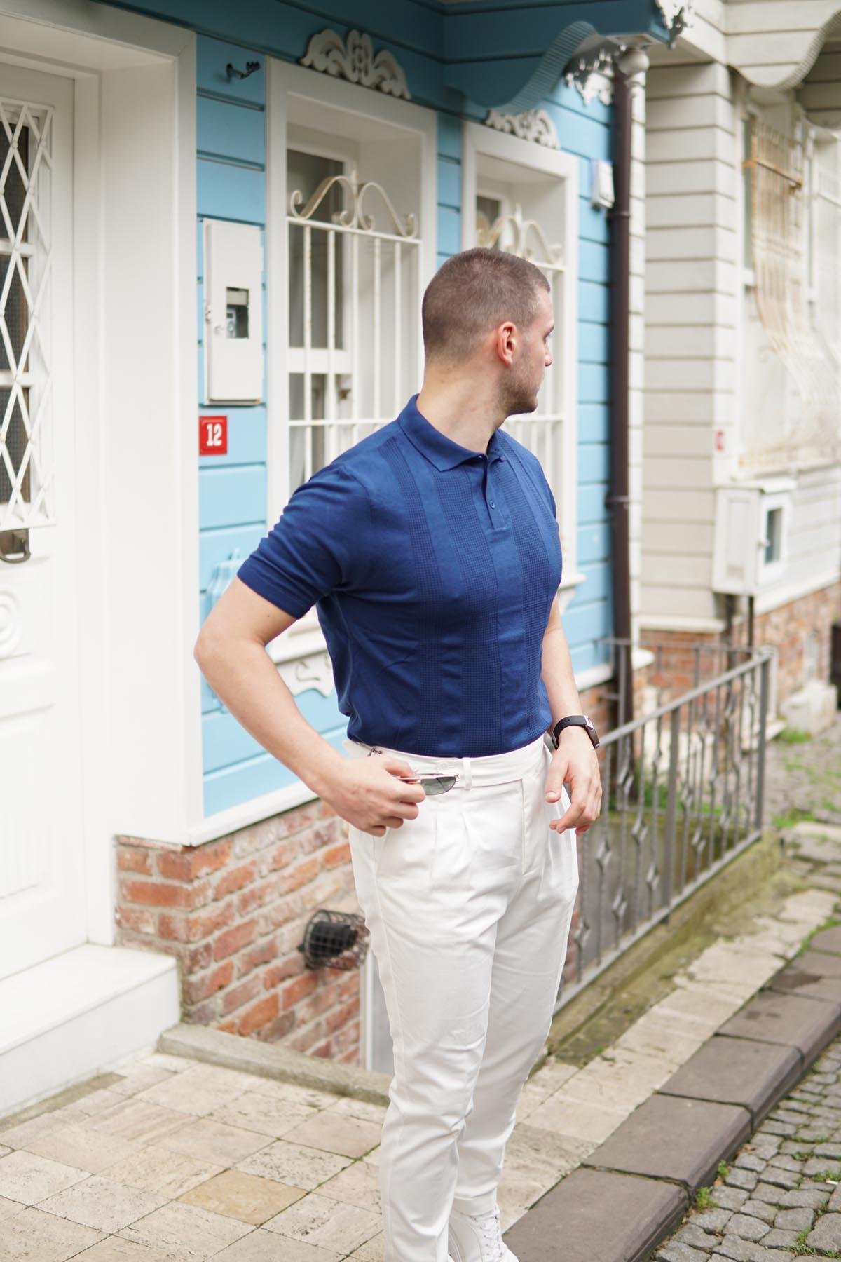 Maserto Slim Fit Mavi Polo Yaka T-Shirt Örme Desenli