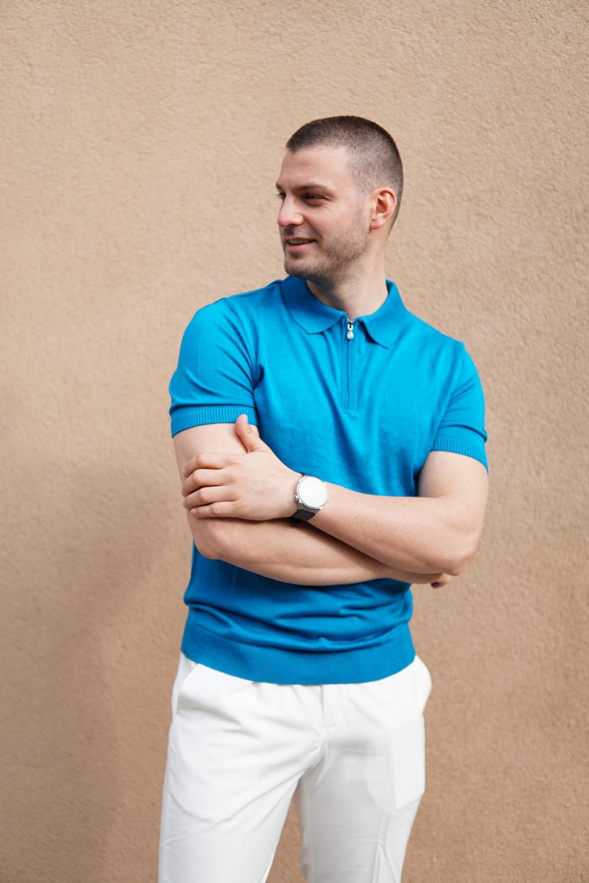 Maserto Slim Fit Mavi Polo Yaka T-Shirt Örme Desenli