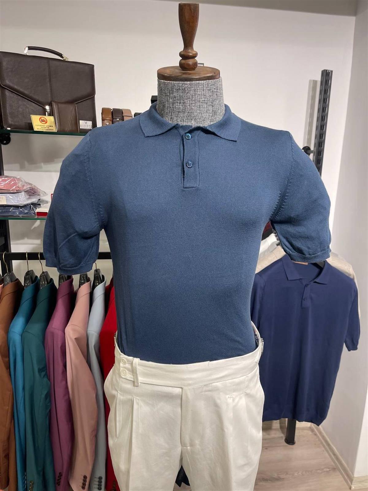 Maserto Slim Fit Mavi Polo Yaka T-Shirt Düz Desenli