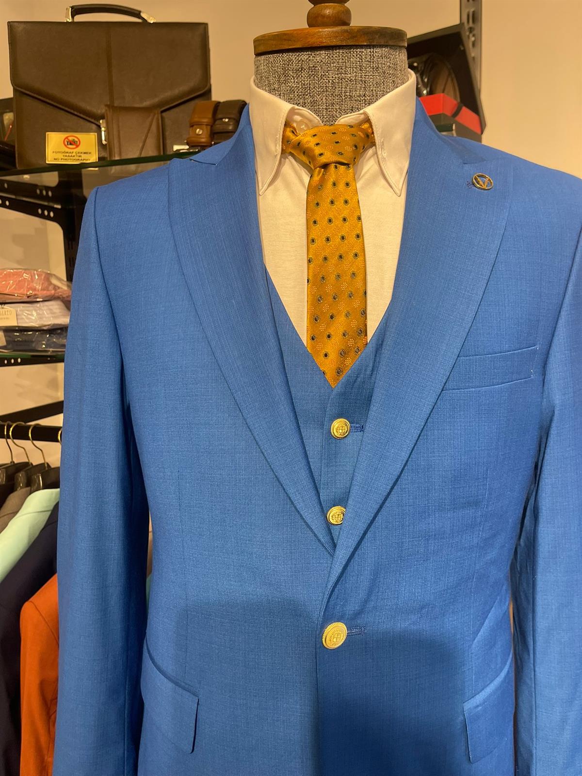 Maserto Slim Fit Mavi Takım Elbise Düz Desenli