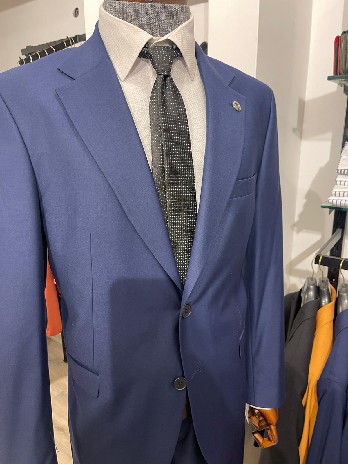 Maserto Slim Fit Mavi Takım Elbise Düz Desenli