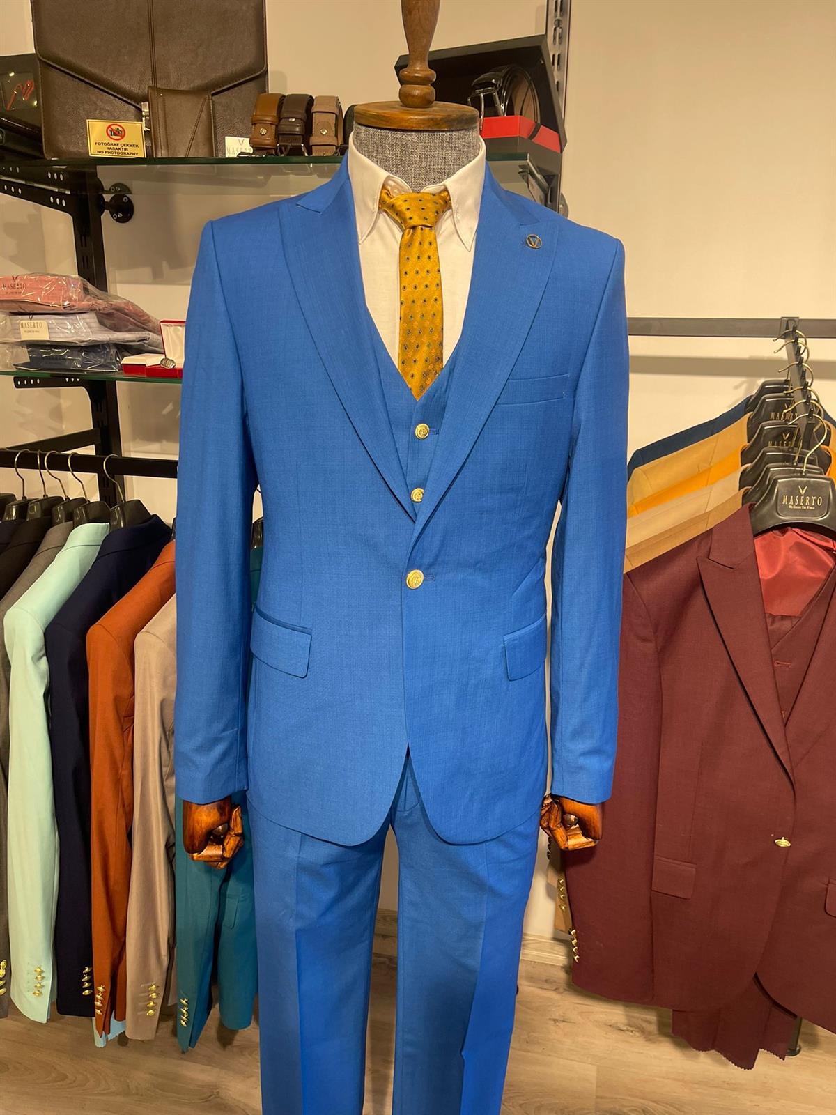 Maserto Slim Fit Mavi Takım Elbise Düz Desenli