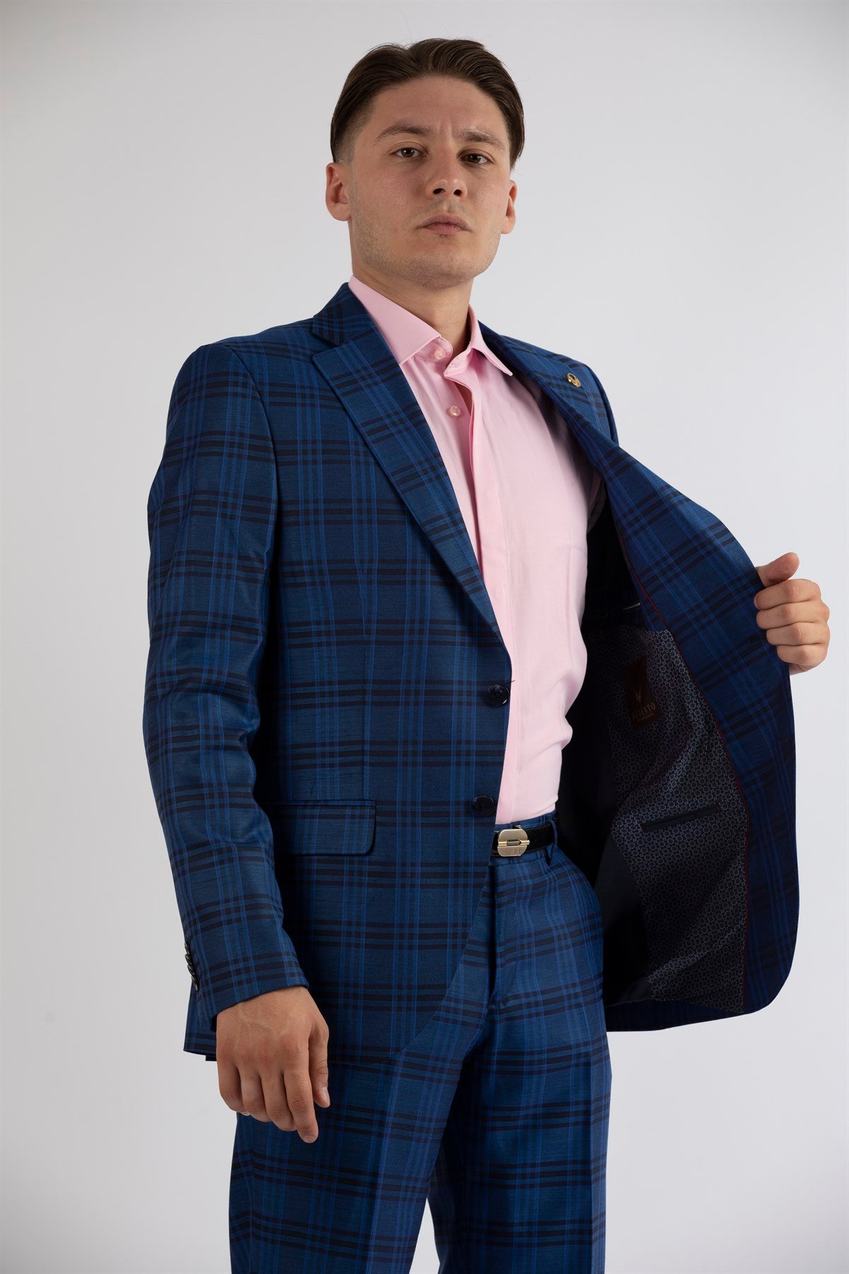 Maserto Slim Fit Mavi Takım Elbise Ekose Desenli