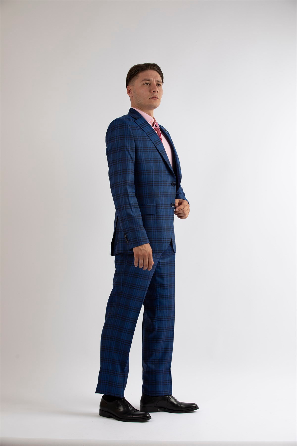 Maserto Slim Fit Mavi Takım Elbise Ekose Desenli