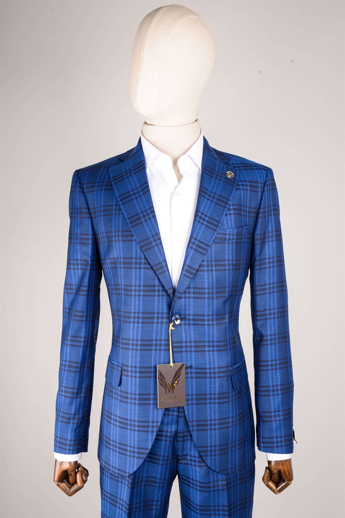 Maserto Slim Fit Mavi Takım Elbise Ekose Desenli