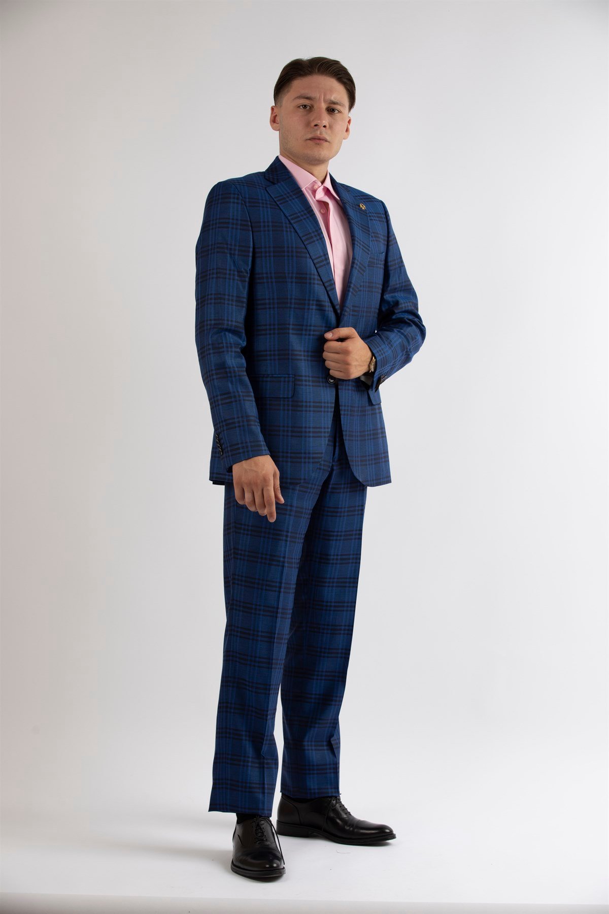 Maserto Slim Fit Mavi Takım Elbise Ekose Desenli