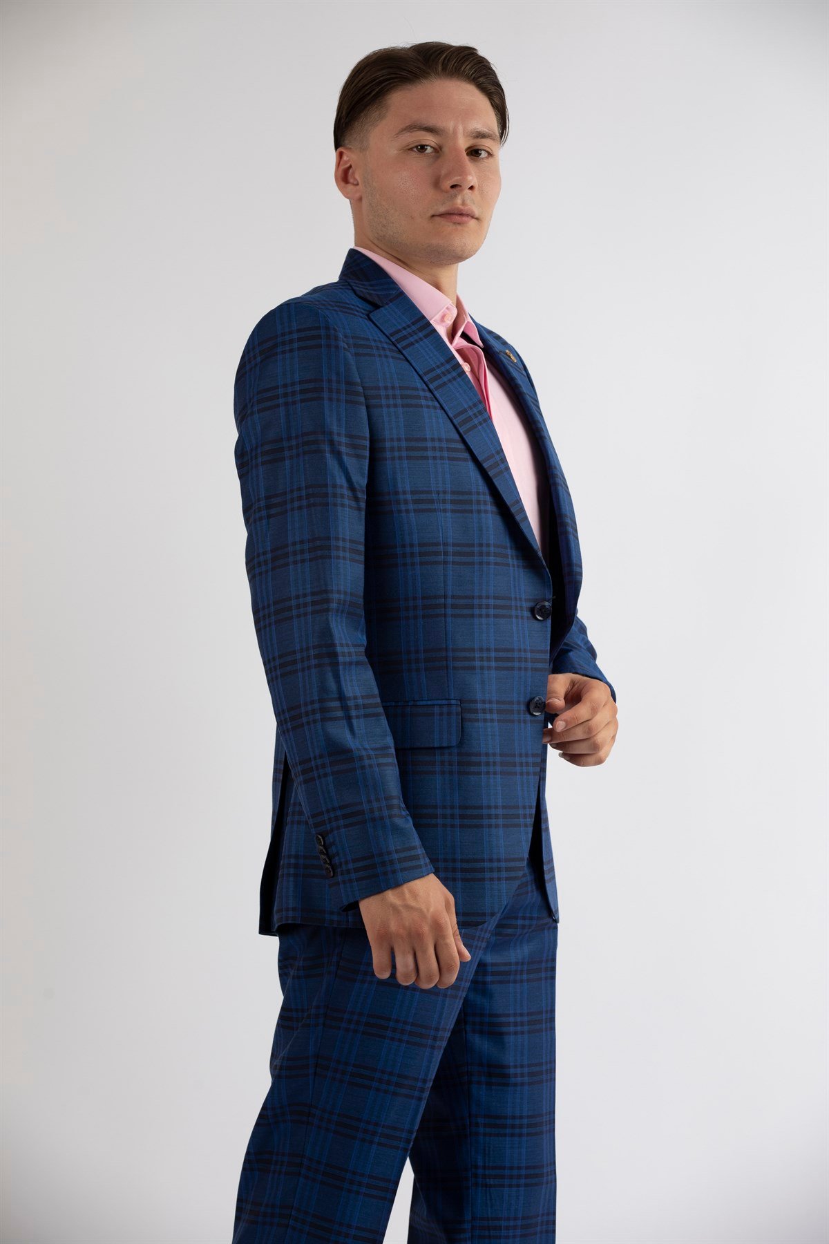 Maserto Slim Fit Mavi Takım Elbise Ekose Desenli