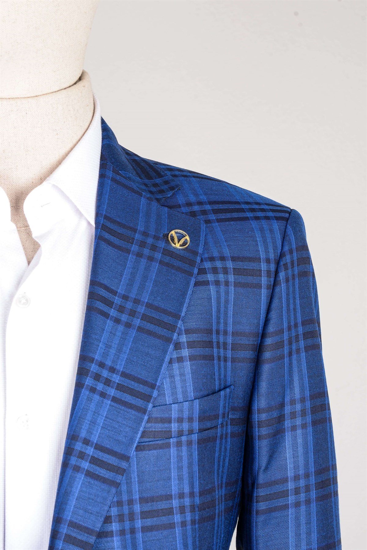 Maserto Slim Fit Mavi Takım Elbise Ekose Desenli