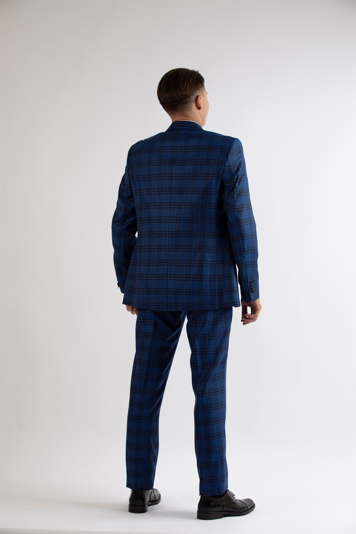 Maserto Slim Fit Mavi Takım Elbise Ekose Desenli